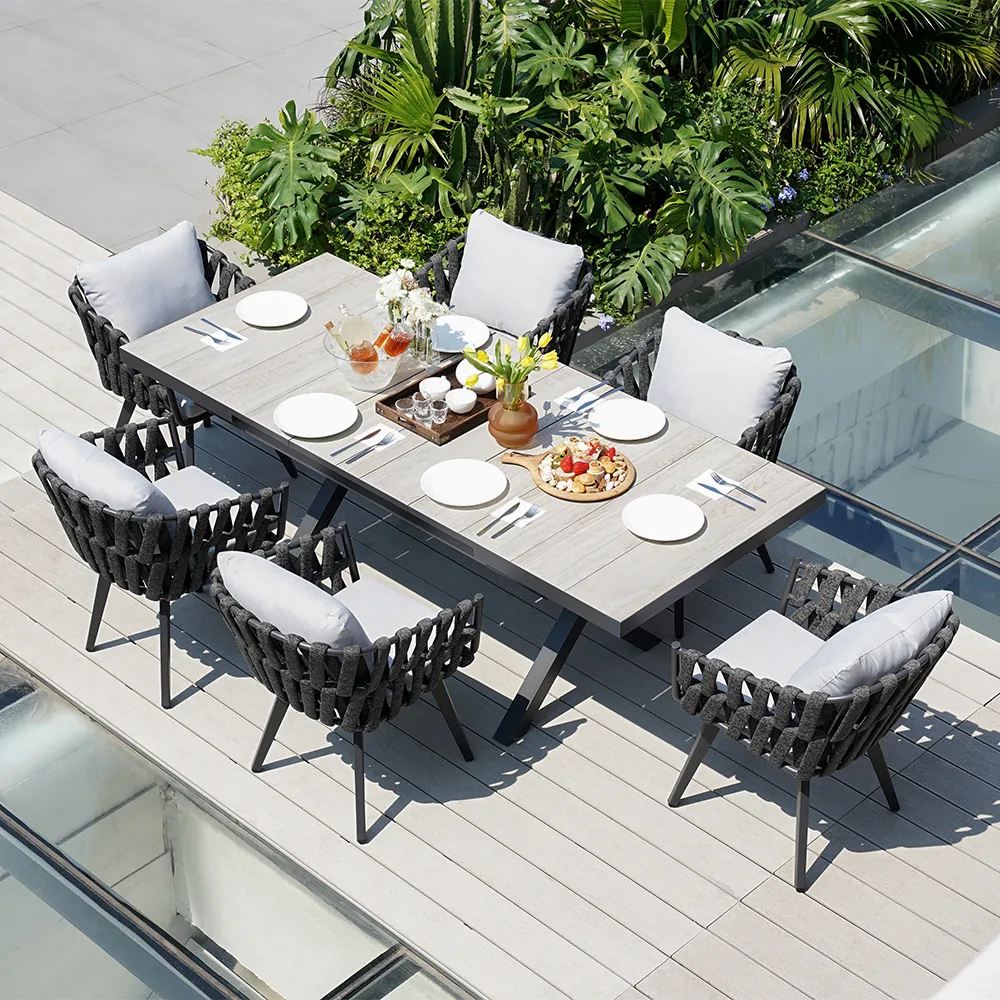 7-Piece Outdoor Extendable Dining Set with 6 Rope Weave Chairs in Gray(64"-84")