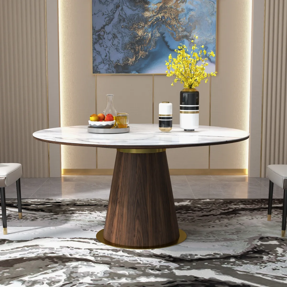 Dining Table Set 48" Round Dining Table White Faux Marble Top with 6 White Cotton & Linen Dining Chairs — image 5