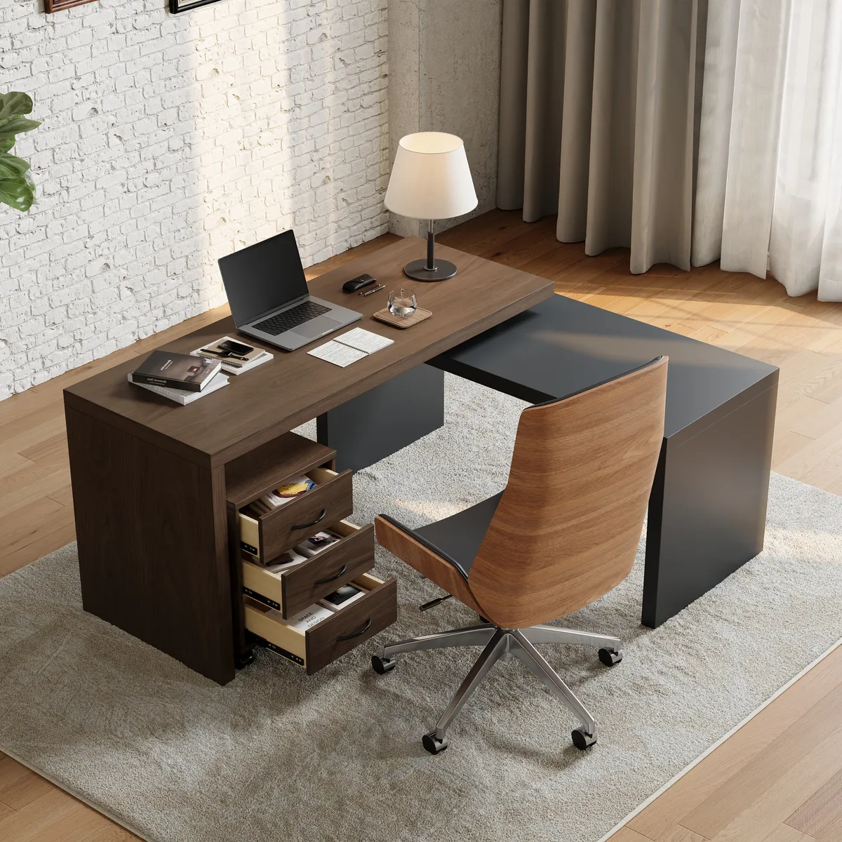 Modern L Shaped Executive Office Desk with with Movable File Cabinet Black & Walnut Swivel Desk Office Furniture (59.8" ) — image 4