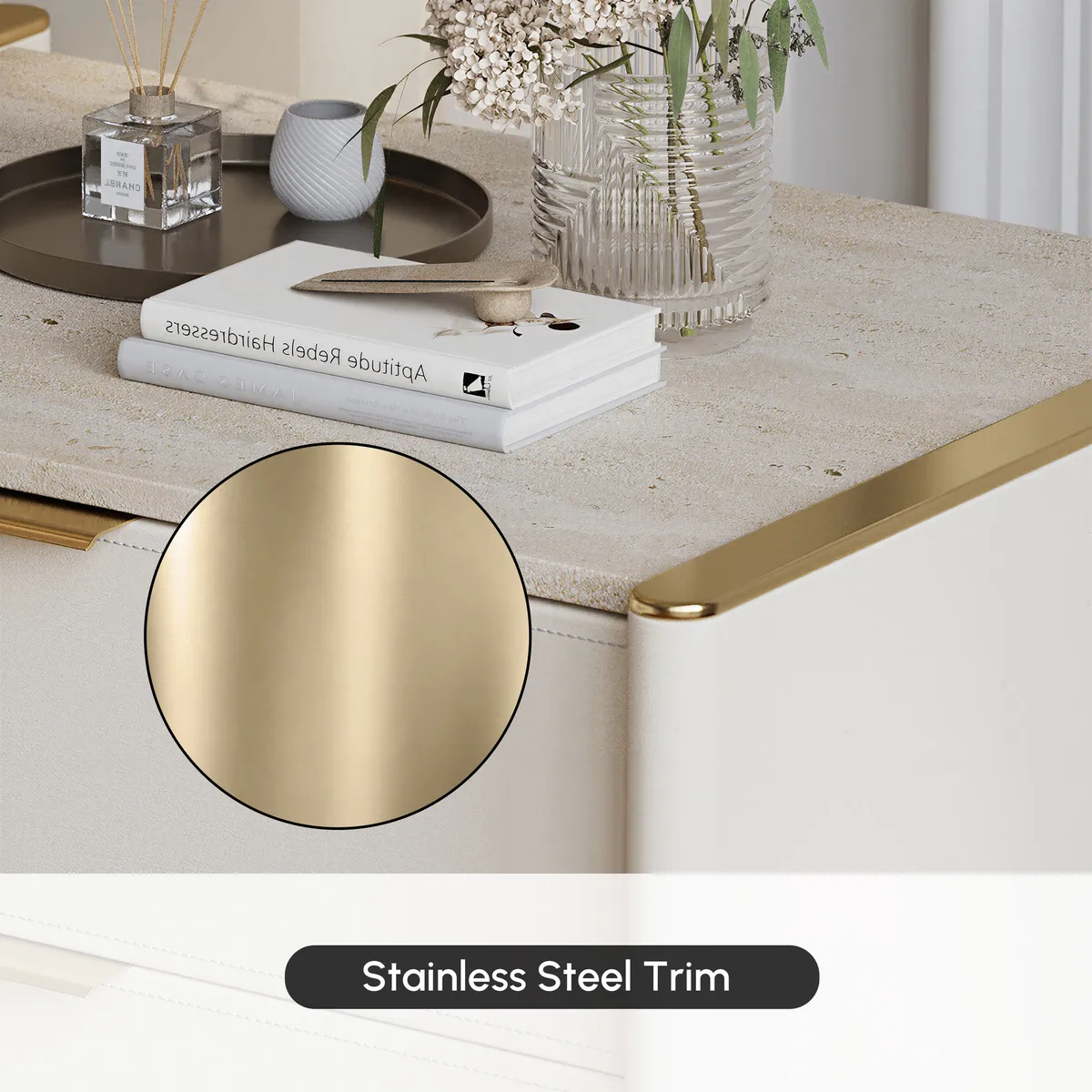 Modern Saddle Leather 2-Drawer Nightstand with Faux Travertine Stone Top — image 6