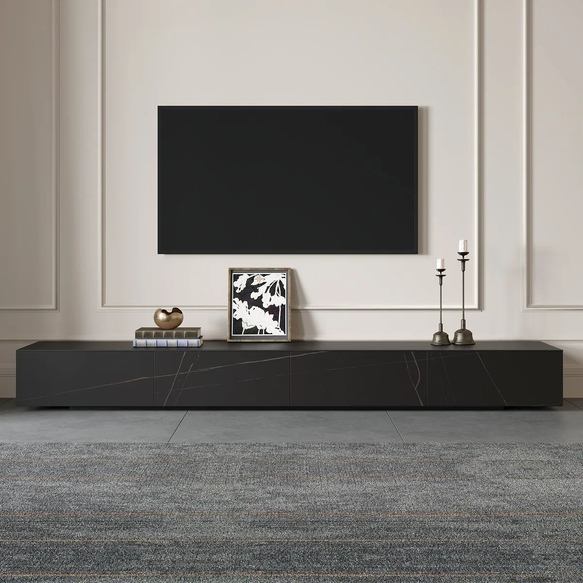 87" Black TV Stand Faux Marble with Storage for TVs Up — image 3