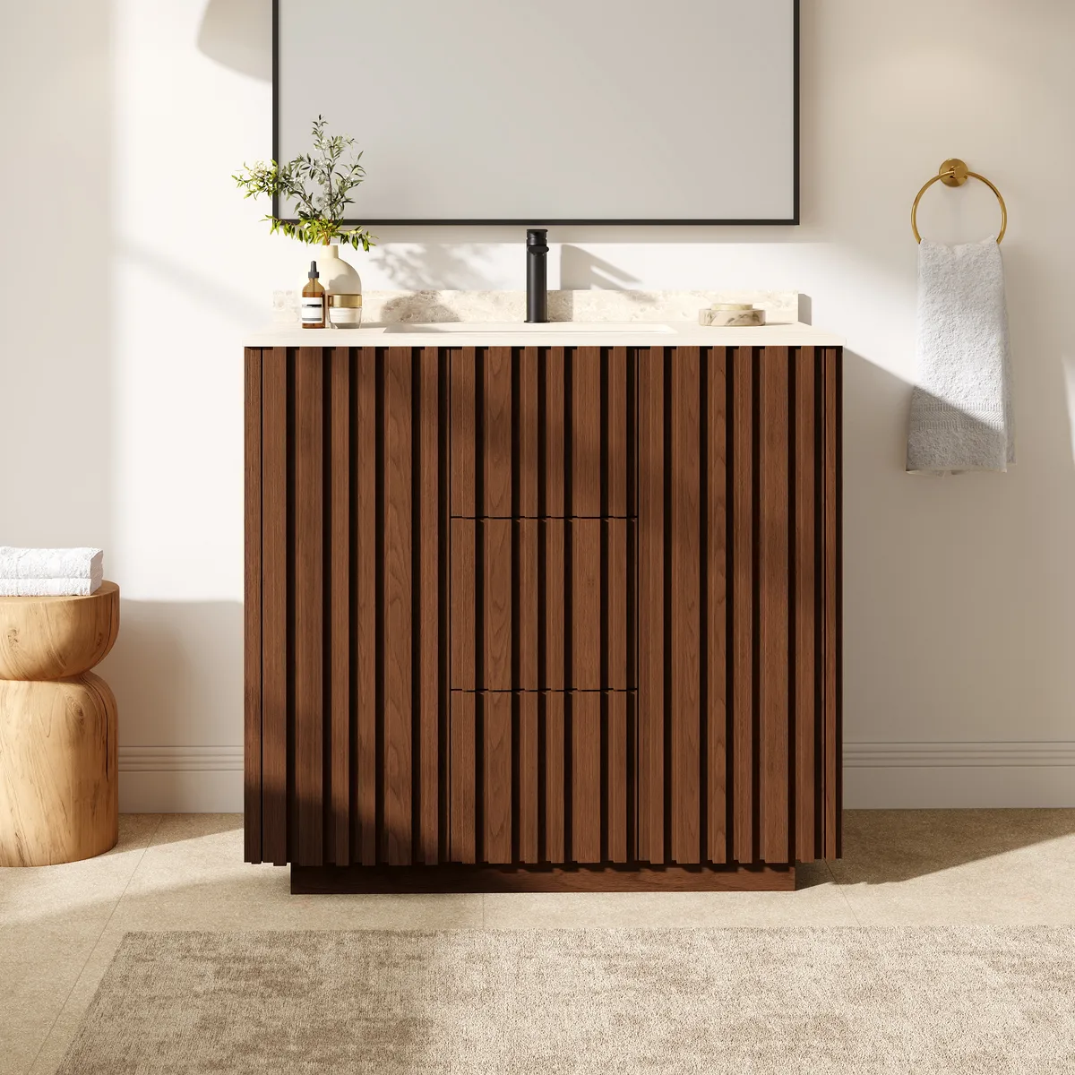 Aura 36" Fluted Bathroom Vanity with Sink, Freestanding Single Sink Vanity with Light