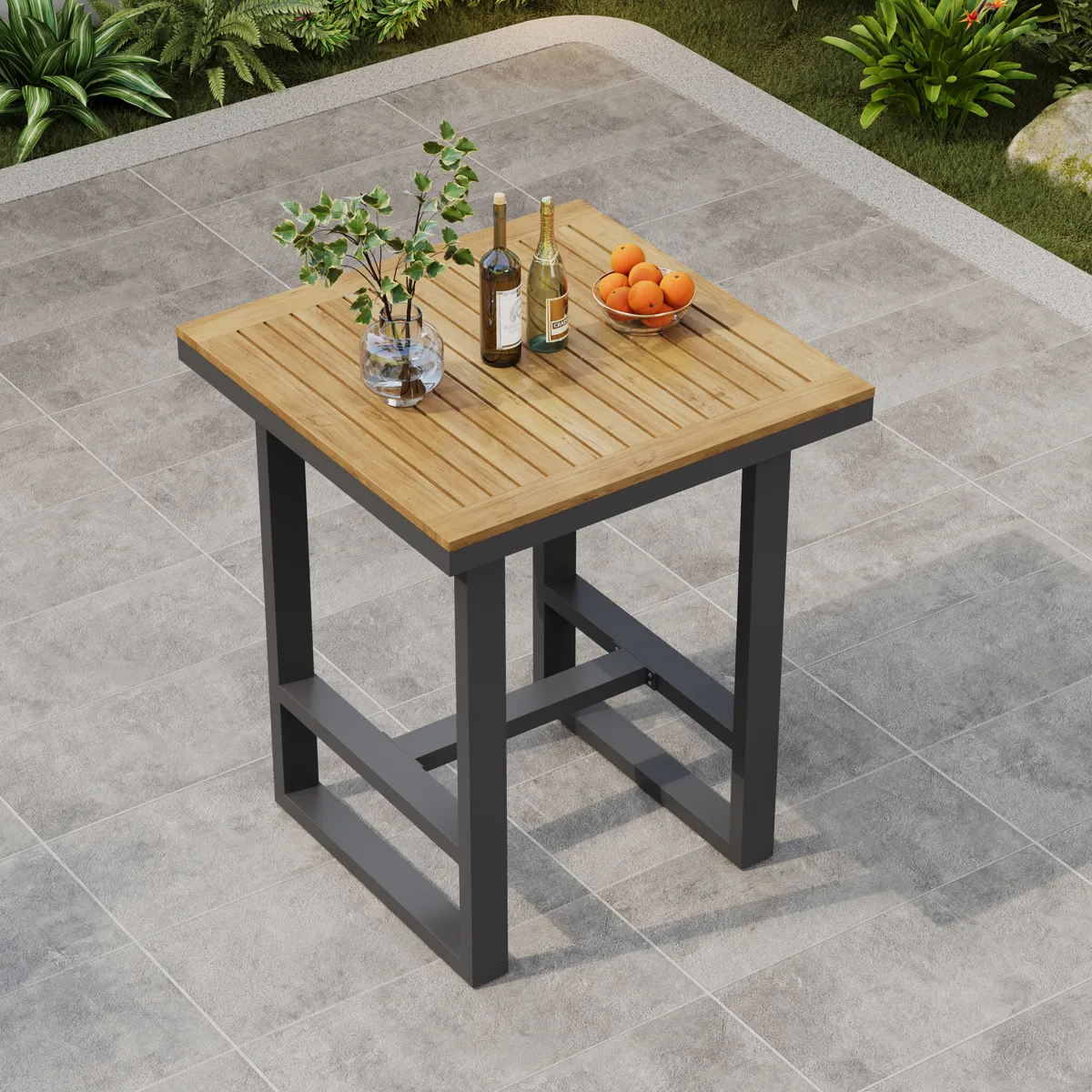 Tevara Outdoor Teak Wood Slat Top & Sand Aluminum Frame Bar Table for Patio