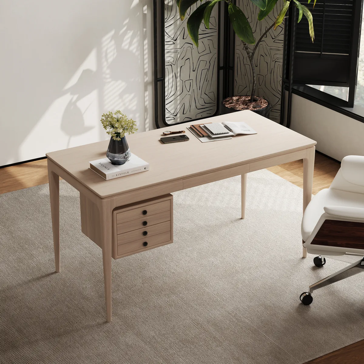 Mid-Century Style 55.1" Whitewash Ash Wood Home Office Desk with 3 Storage Drawers and Metal Accents — image 6