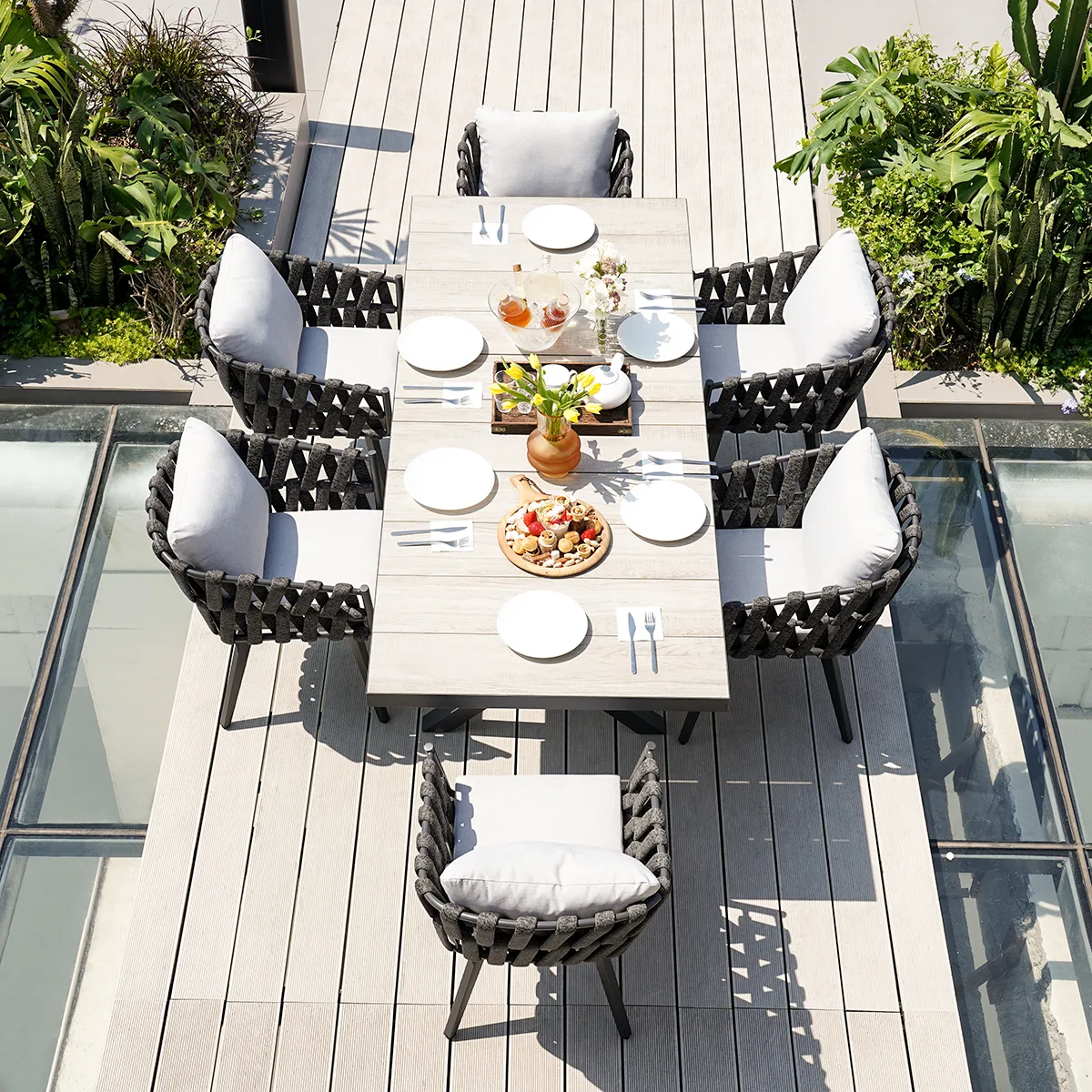 7-Piece Outdoor Extendable Dining Set with 6 Rope Weave Chairs in Gray(64"-84") — image 2