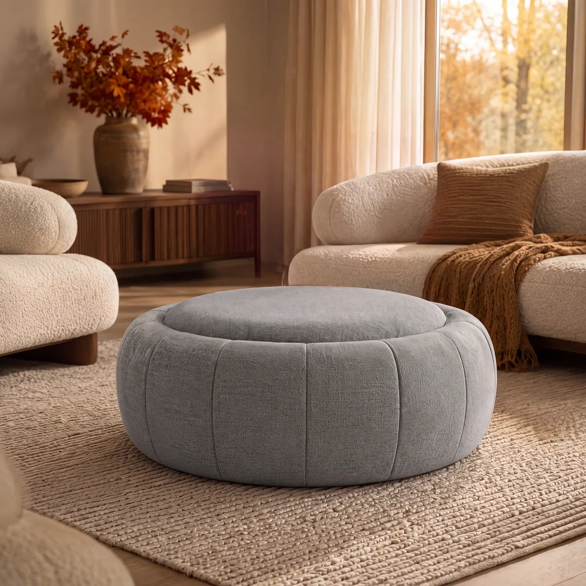 Modern 39" Round Performance Leather Ottoman Coffee Table with Hidden Storage — image 4