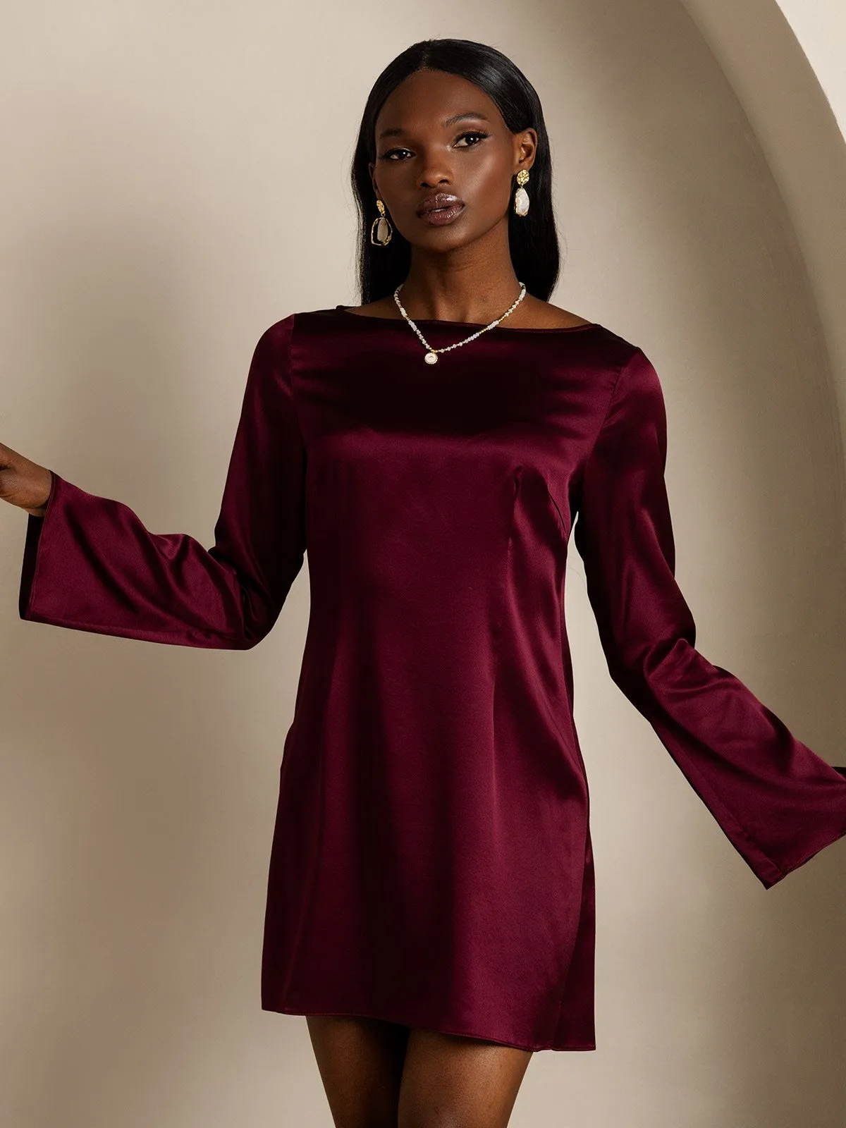 19Momme Silk Long Sleeve Boat Neck Short Dress — image 4