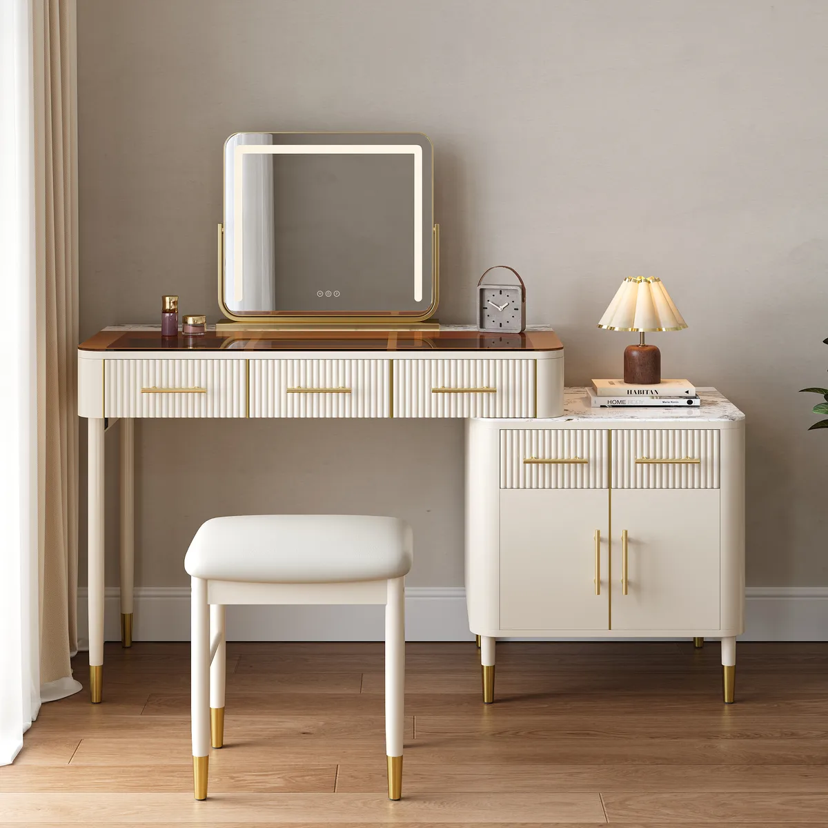 White Makeup Vanity Set with Lighted Mirror & Stool Mid Century Modern Dressing Table with Glass Top — image 13