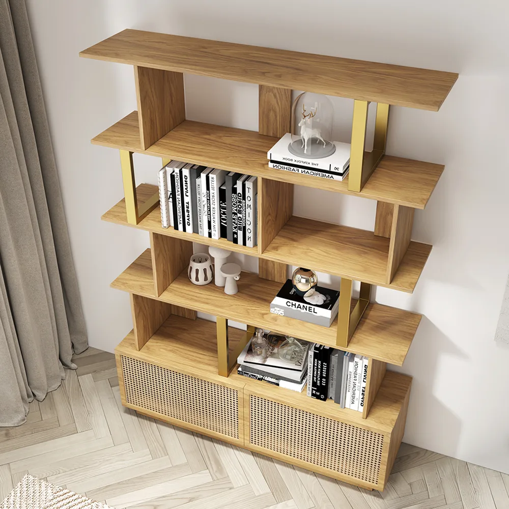 5-Tier Black Wood Bookshelf with 2 Doors Modern Bookcase in Gold Finish — image 13
