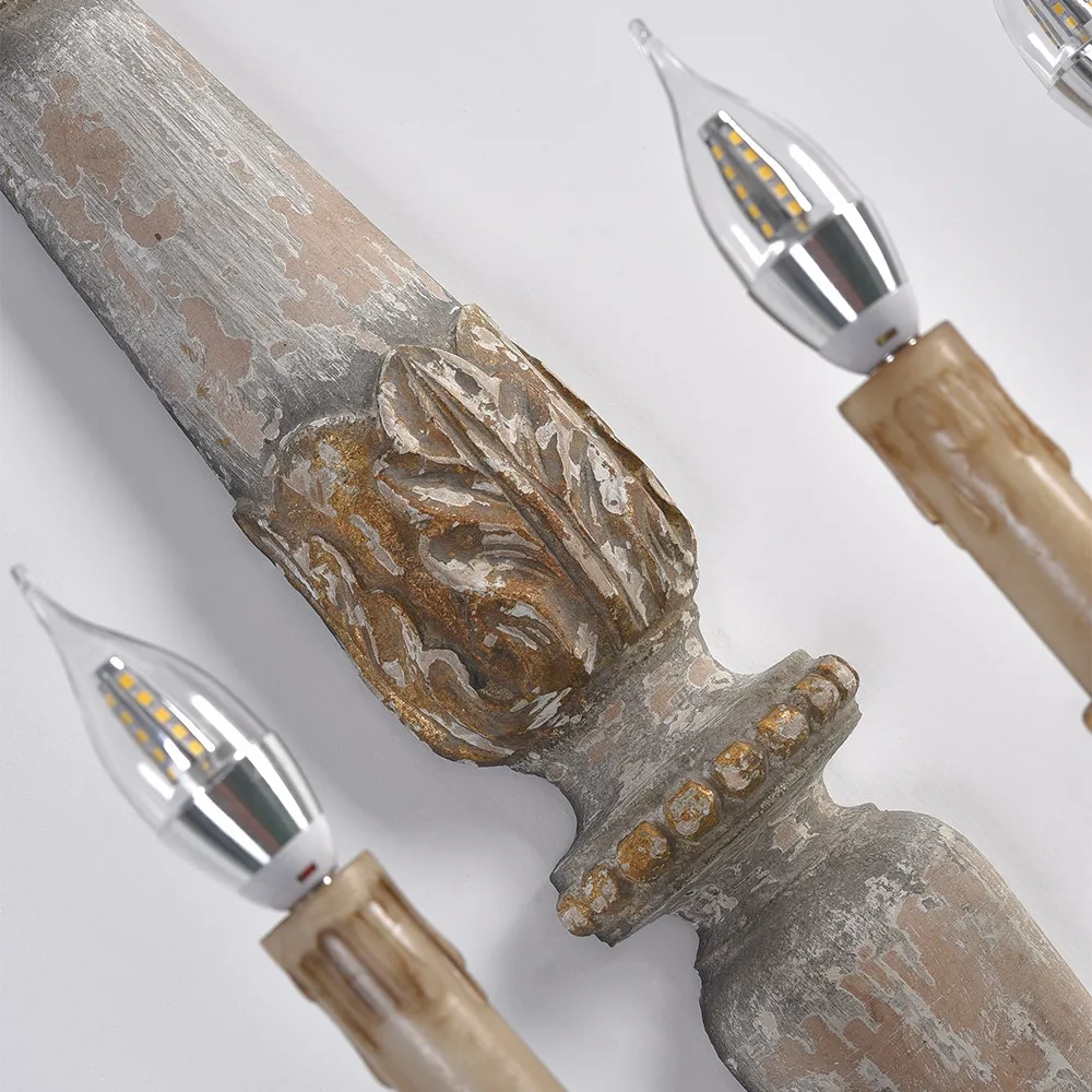 French Country 3-Light Wood Candle Wall Sconce Distressed Carved Design — image 9