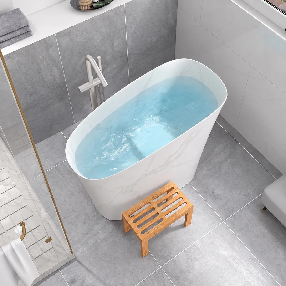 47" Japanese Irregular Freestanding Stone Resin Soaking Bathtub, Marble Look — image 15