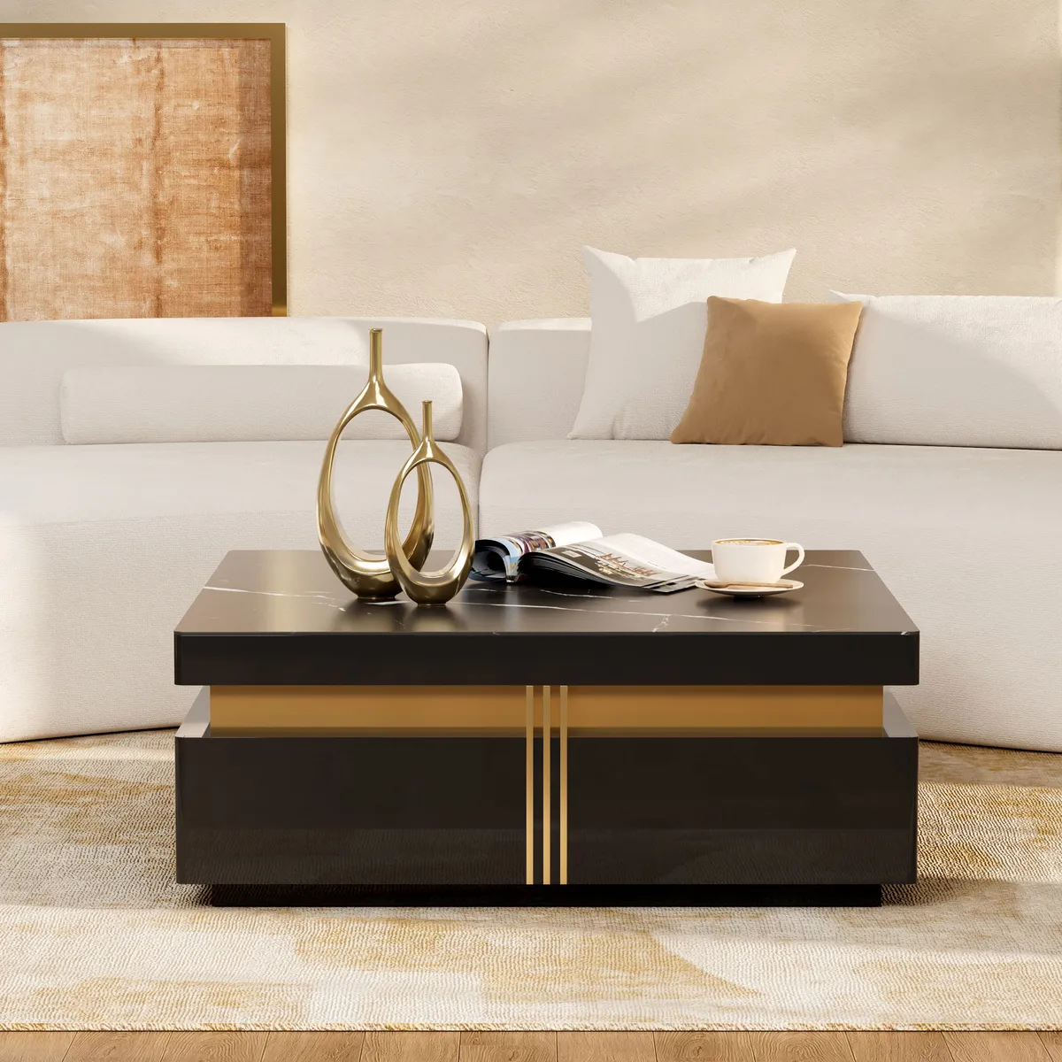 Trimied 43" Modern Black Square Storage Coffee Table Stone Top & 4 Wood Drawers — image 2