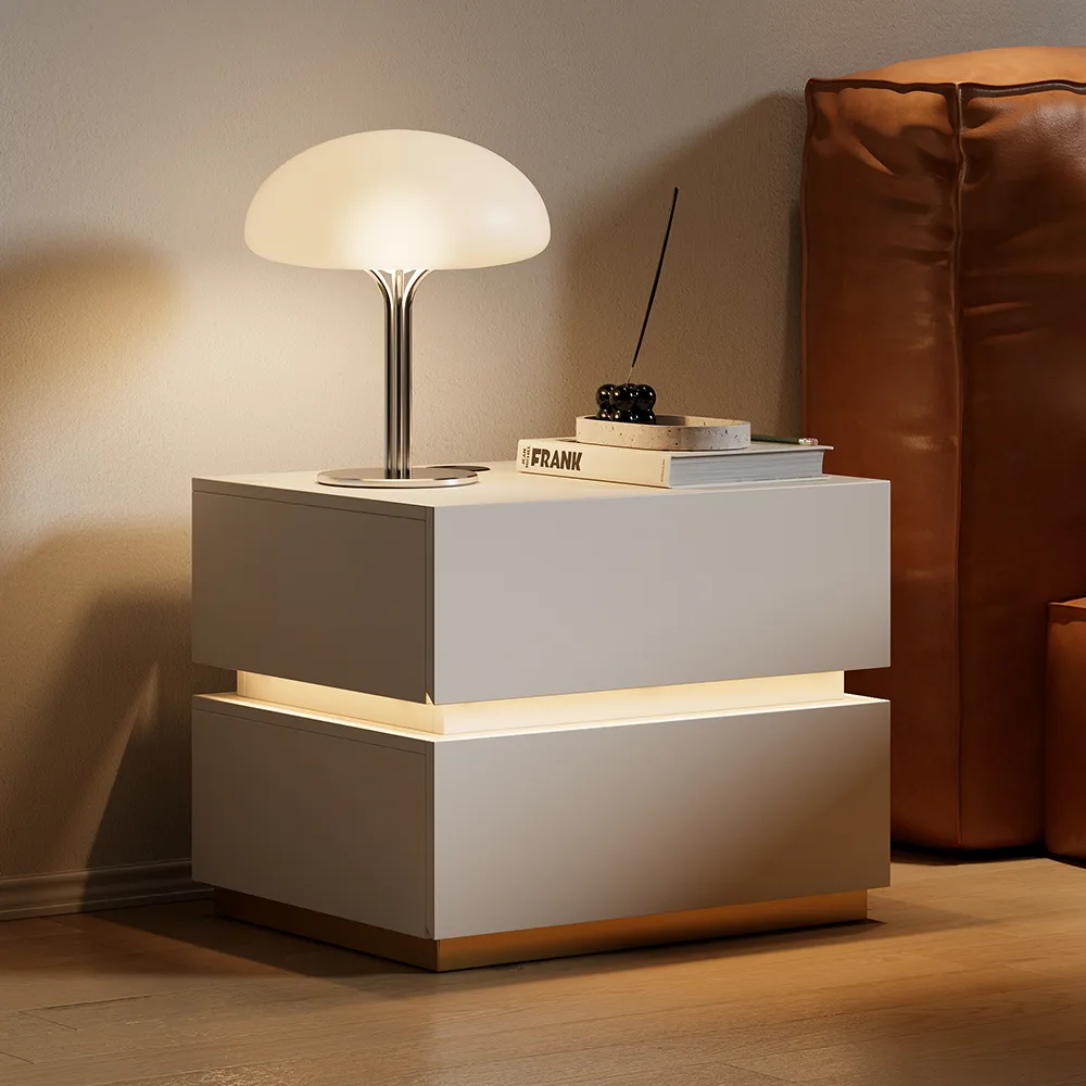 Smart 3-Drawer Nightstand with Charging Station Bedside Table with Light