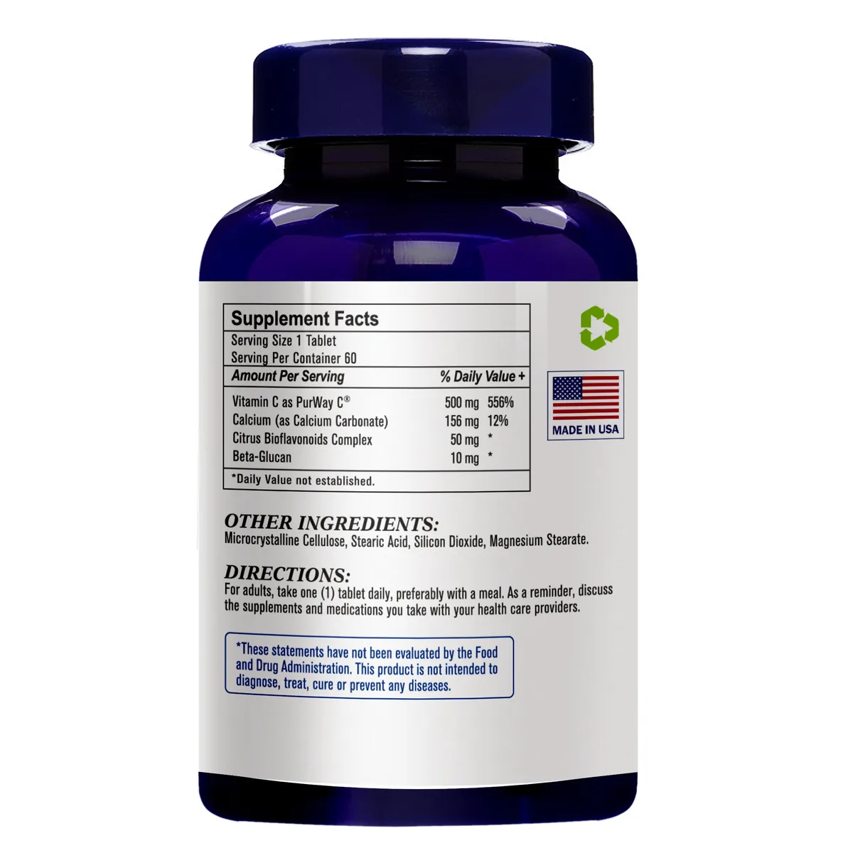 Pureway C with Beta Glucan (500mg with Beta Glucan – Vitamin C Supplement with Citrus Bioflavonoids & Calcium – Immune & Antioxidant Support), USA, FDA, GMP, NPAC-60 Tablets — image 3