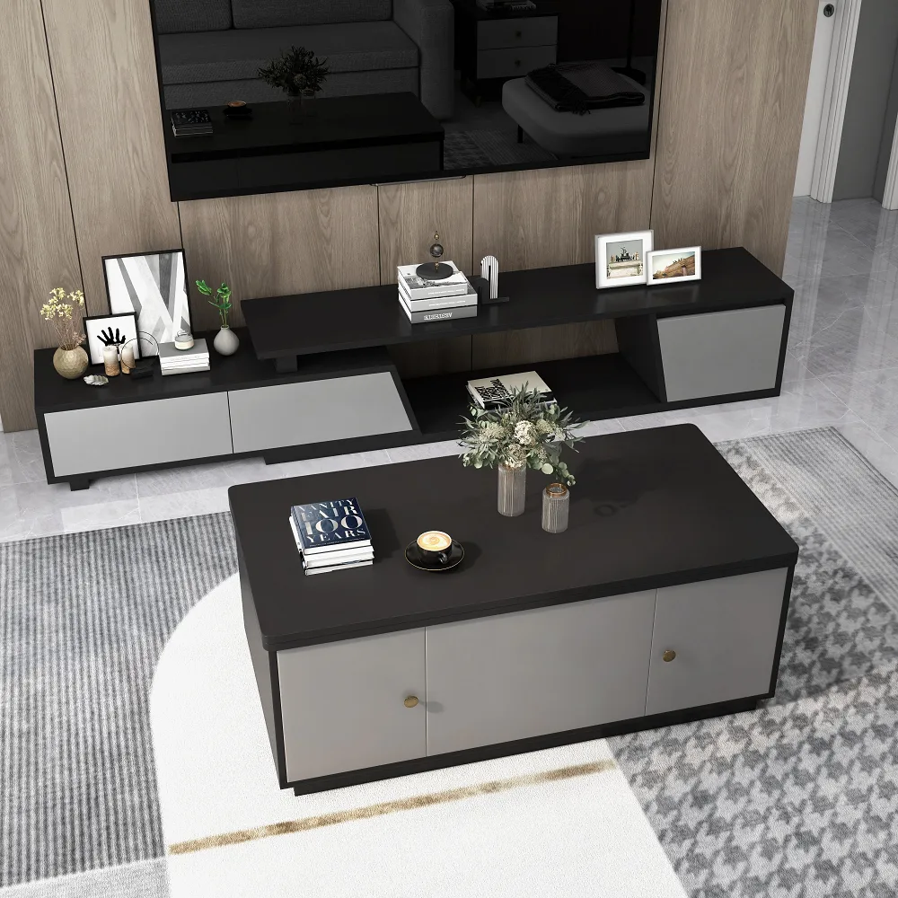 Set of 2 Gray Extendable 3 Drawers TV Stand & Lift-Top Coffee Table Set Up