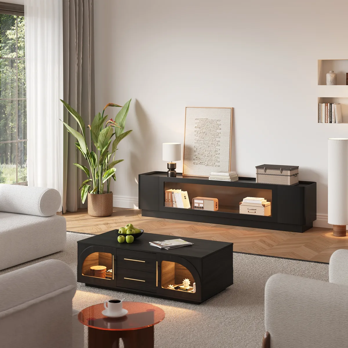 79'' Glass Door TV Stand Mid Century Modern Wood Media Console with Storage & LED — image 7