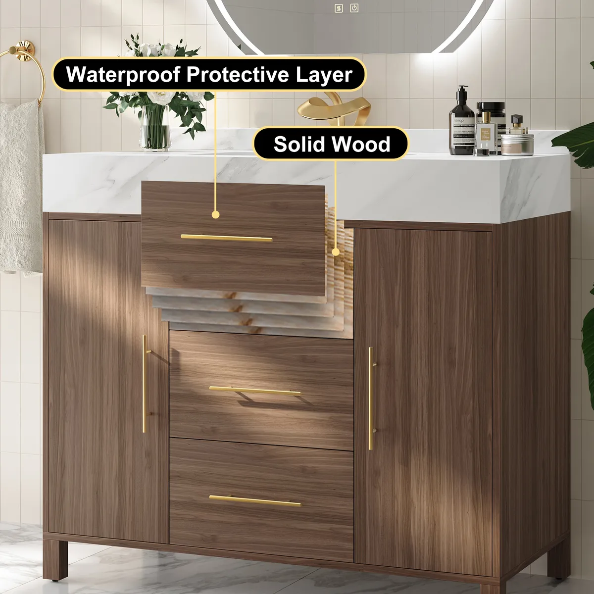 39" Walnut Freestanding Bathroom Vanity Sintered Stone Top & Silver Handles — image 7
