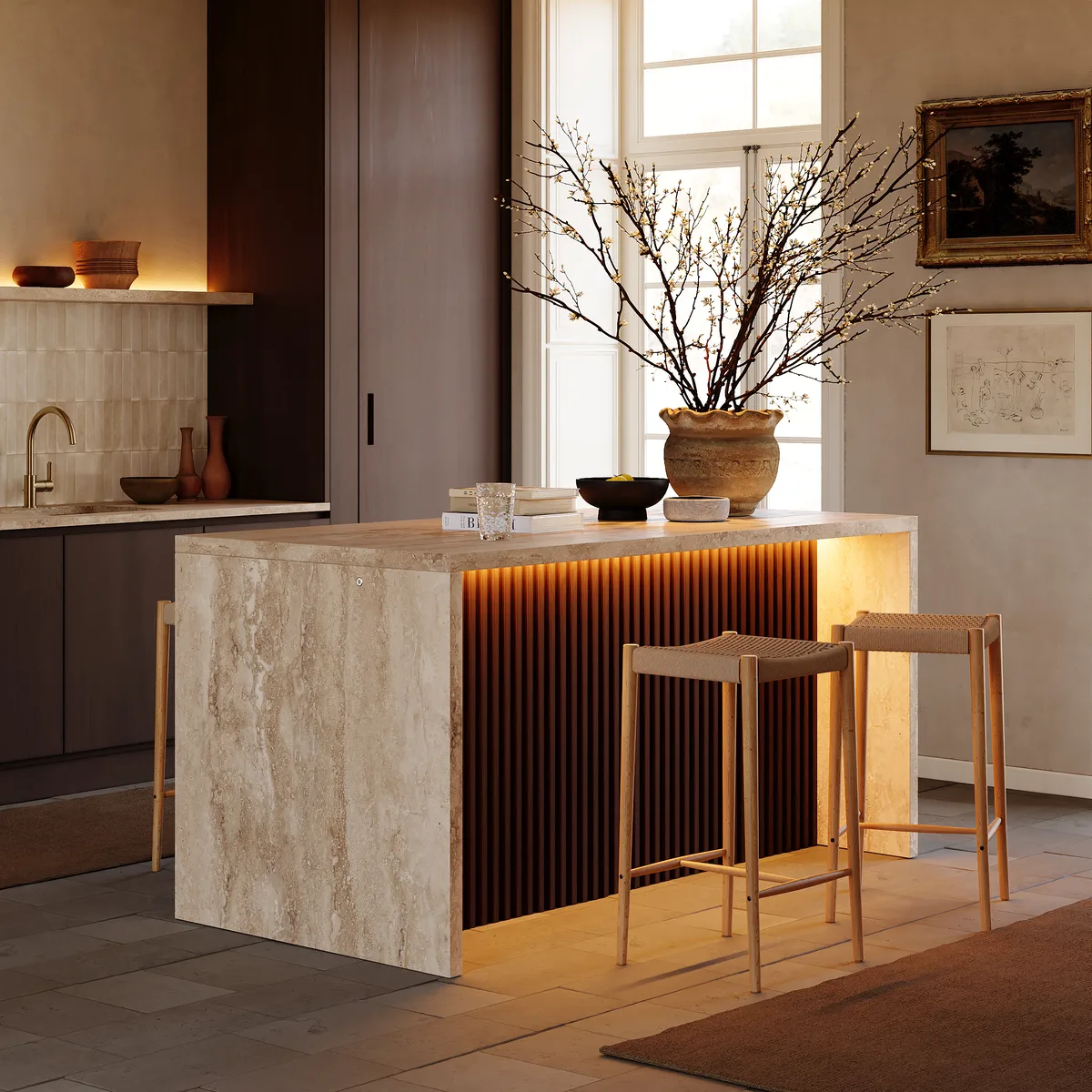 72" Waterfall Wood Kitchen lsland Fluted Panel Design with & Storage & LED Light