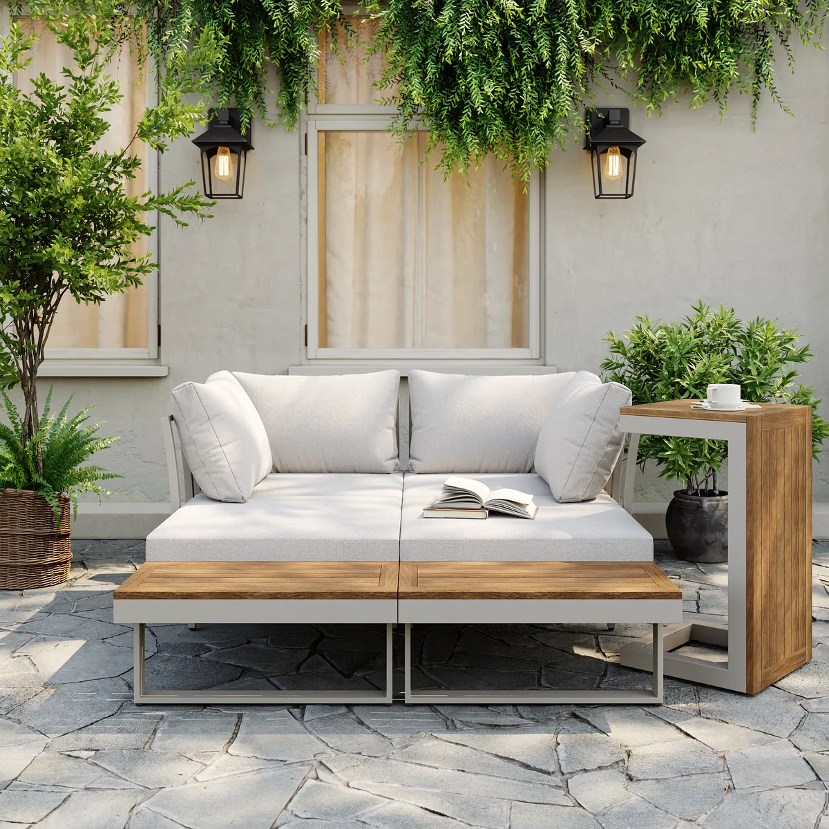 Slatera Outdoor Acacia & Aluminum Modular Sofa Set in Dark Gray with Black Cover — image 18