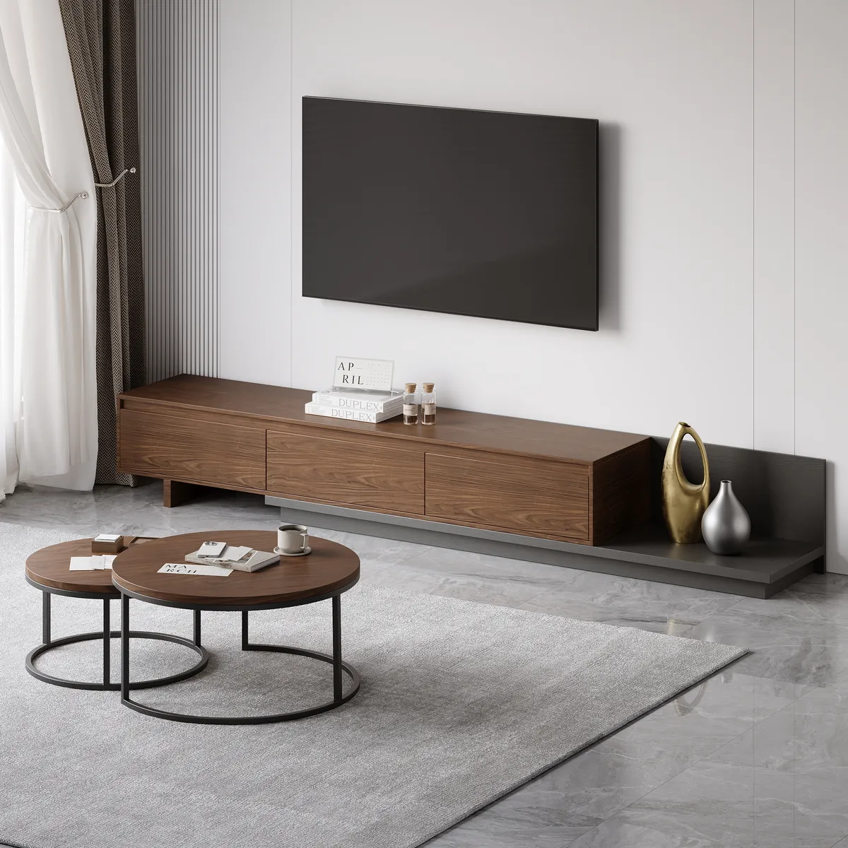 Living Room Cabinet Set Rectangle Gray Extendable TV Stand & Wood Round Nesting Coffee Table — image 20