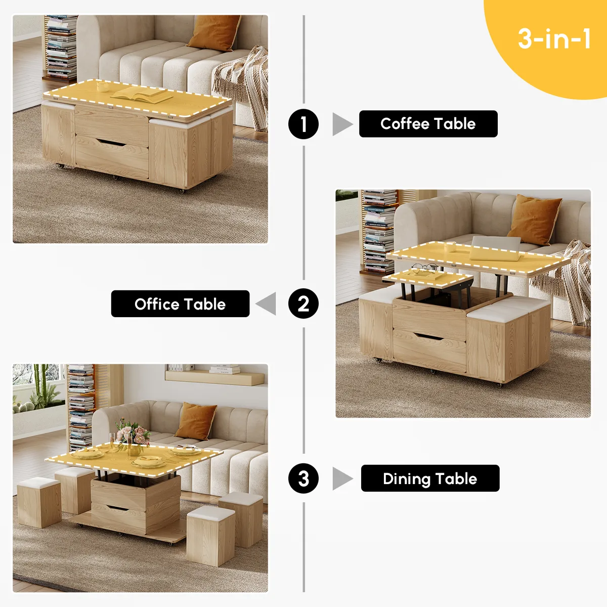 Modern Walnut Lift Top Coffee Table 4 in 1 with Storage Ottoman Foldable and Casters — image 18