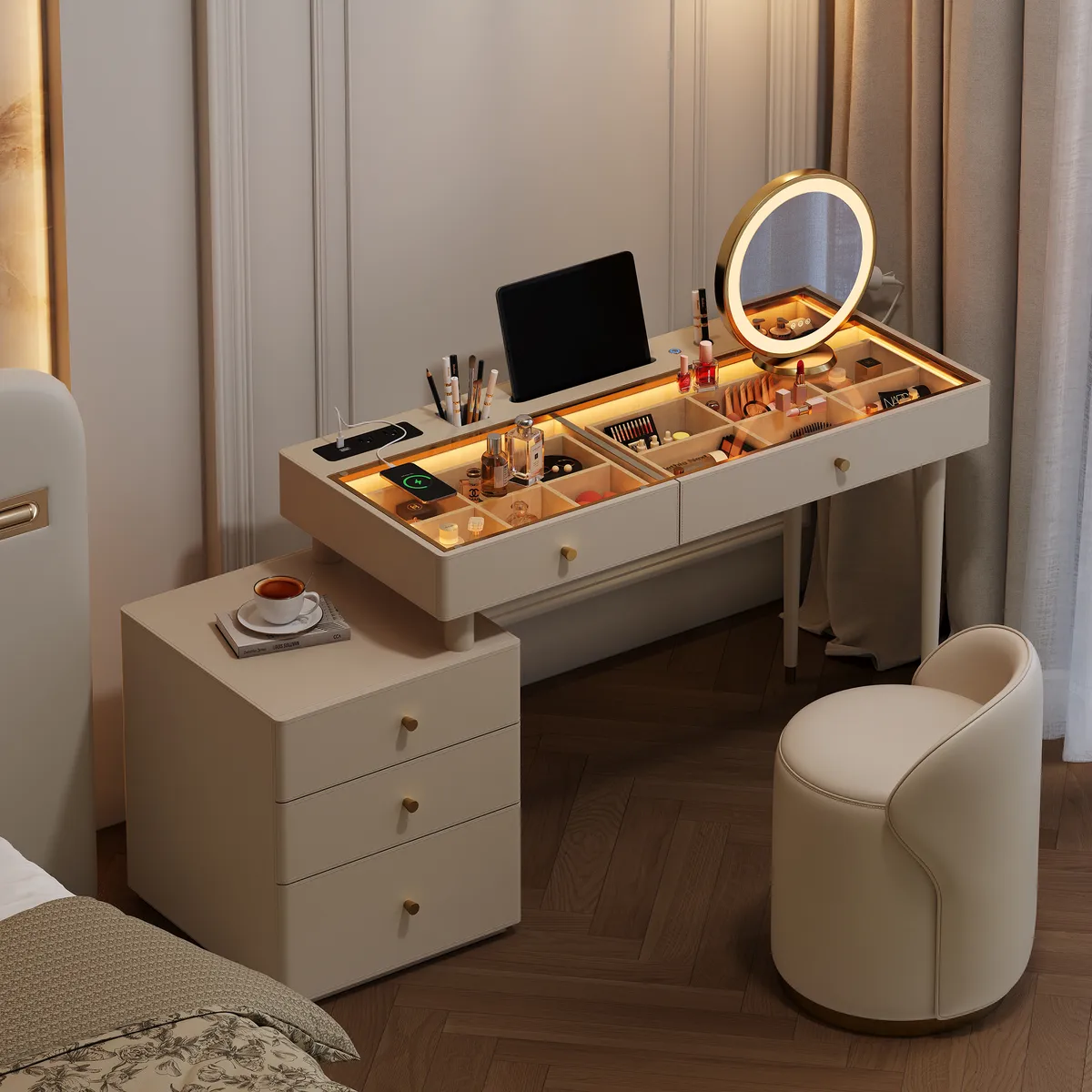Selva Oatmeal Saddle Leather LED-Makeup Vanity Set with Charing Station and Mirror — image 2