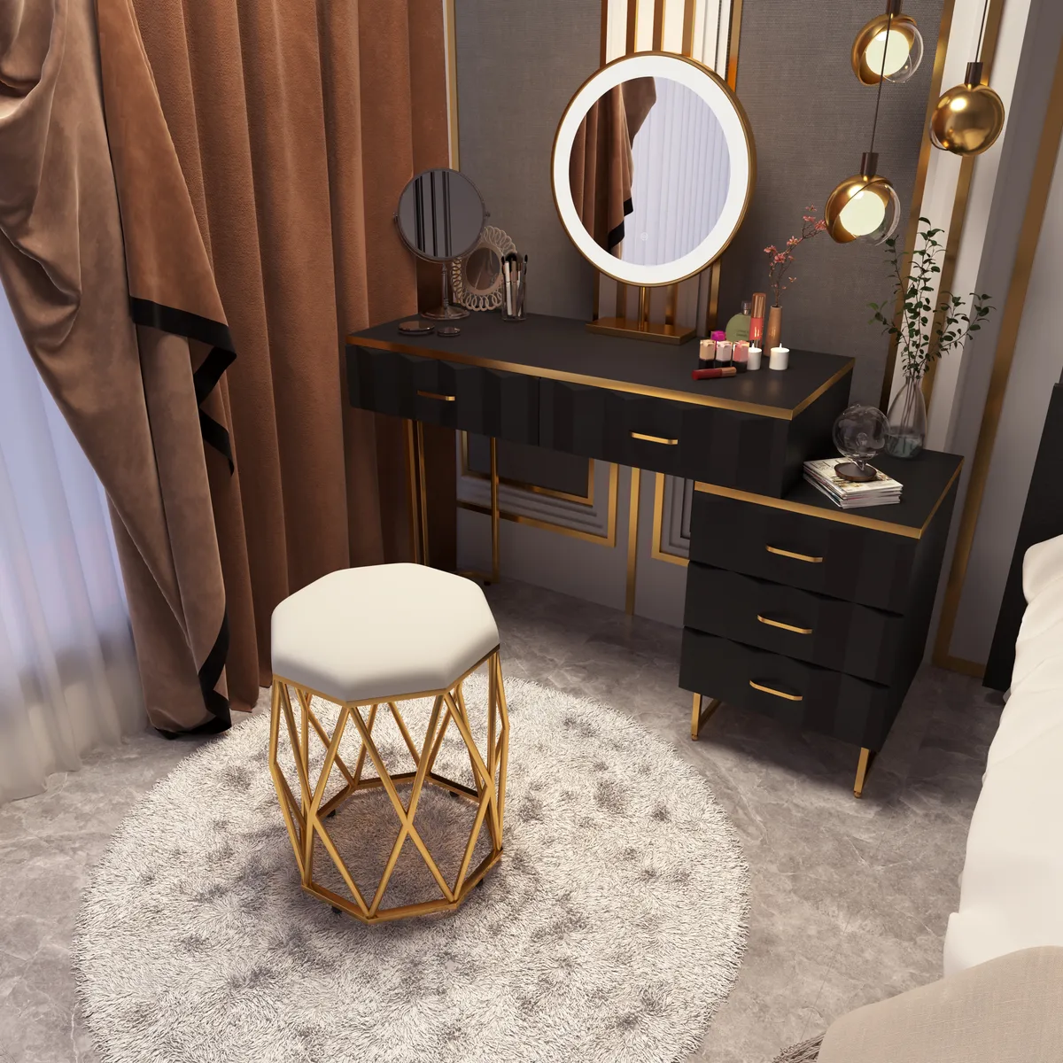 Modern White Extendable Makeup Vanity 5 Drawers Dressing Table Set with Stool and Mirror — image 4