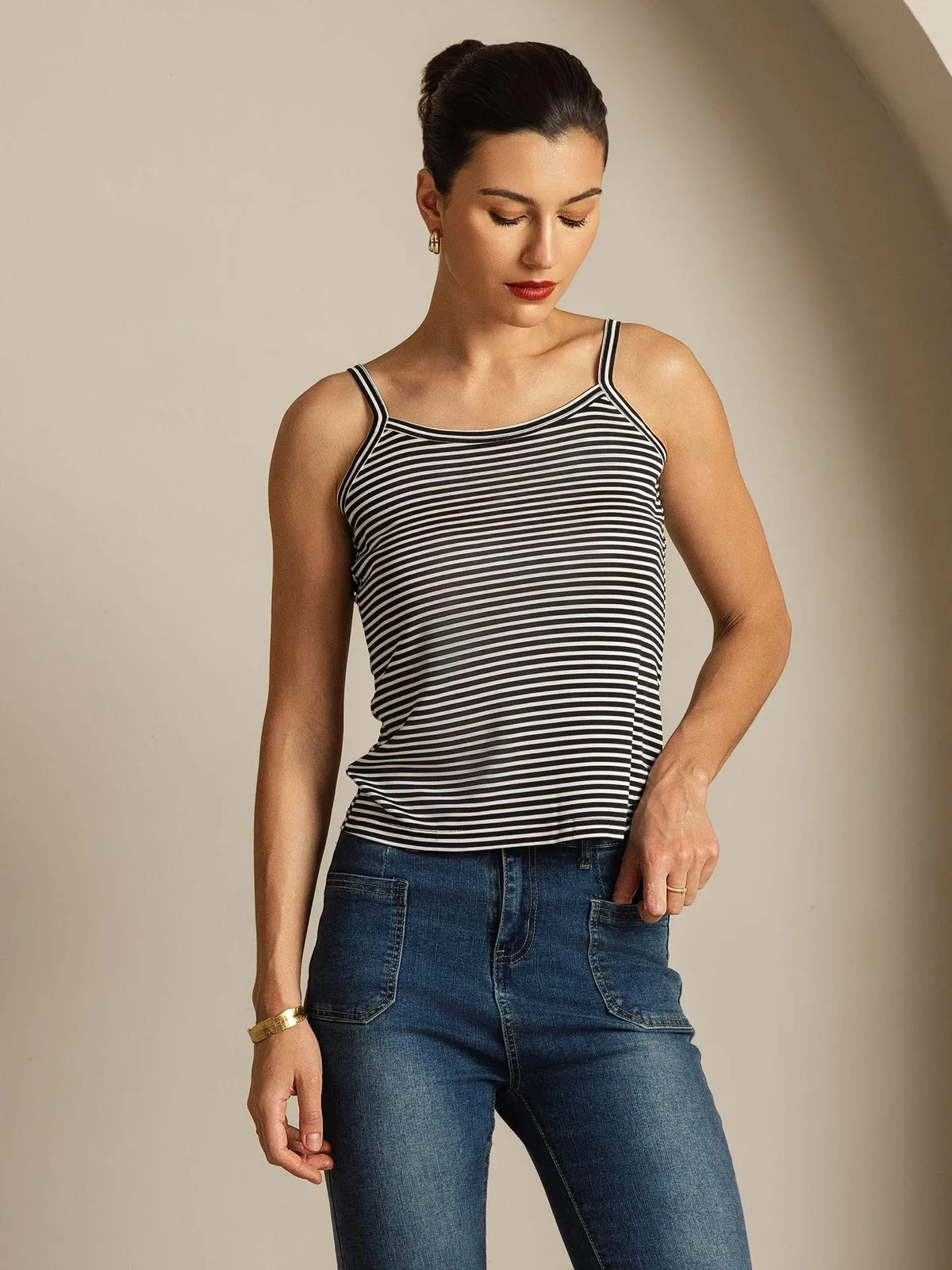 100% Mulberry Silk Spaghetti Strap Square Neck Stripe Camisole Top — image 4