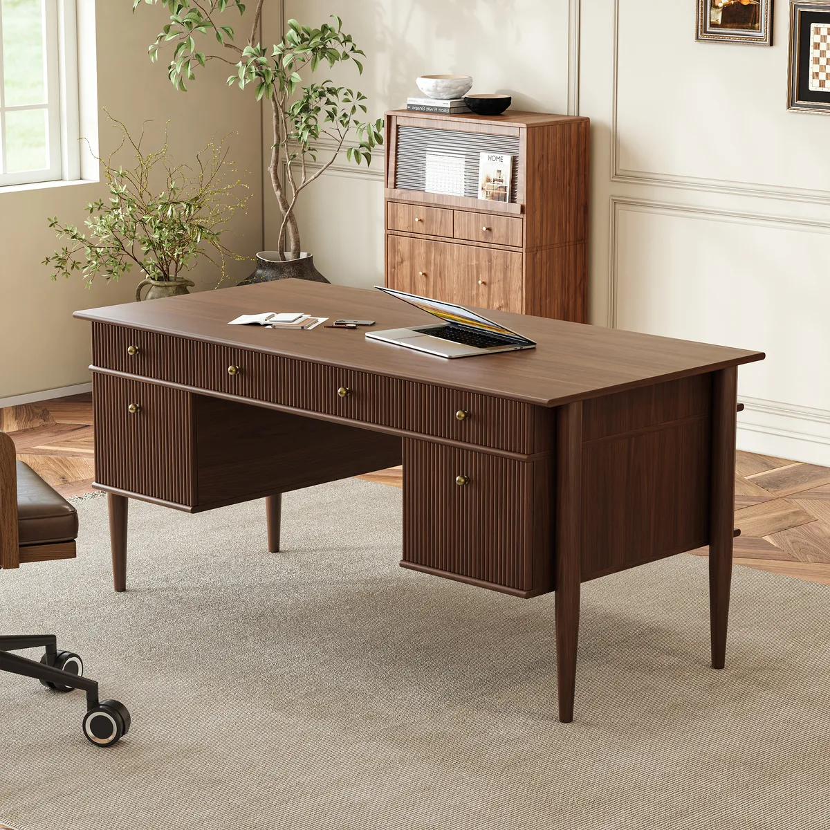 Mid-Century Solid Wood Home Office Desk with 6 Drawers — image 22