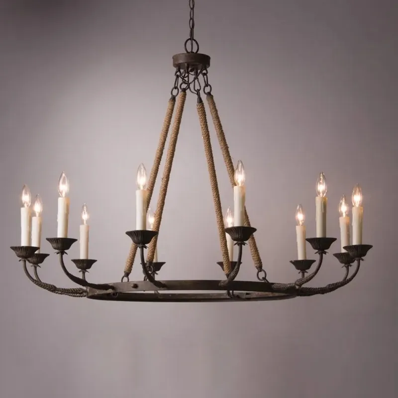 Bever Vintage 12-Light Candelabra Wagon Wheel Chandelier with Flaxen Hemp Rope — image 2