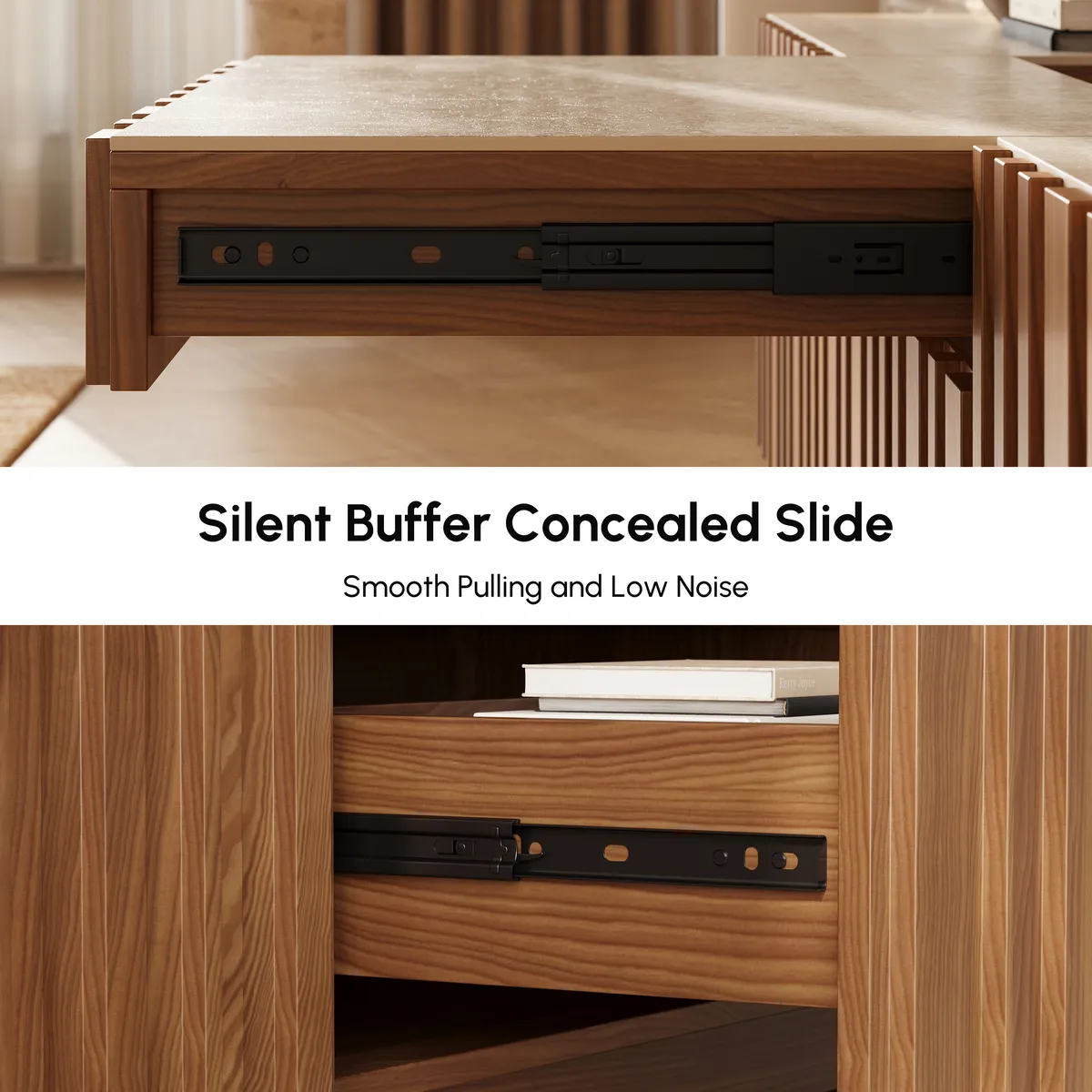 Aura 80" Ash Wood Fluted Walnut Projector TV Stand with Sintered Stone Top — image 9