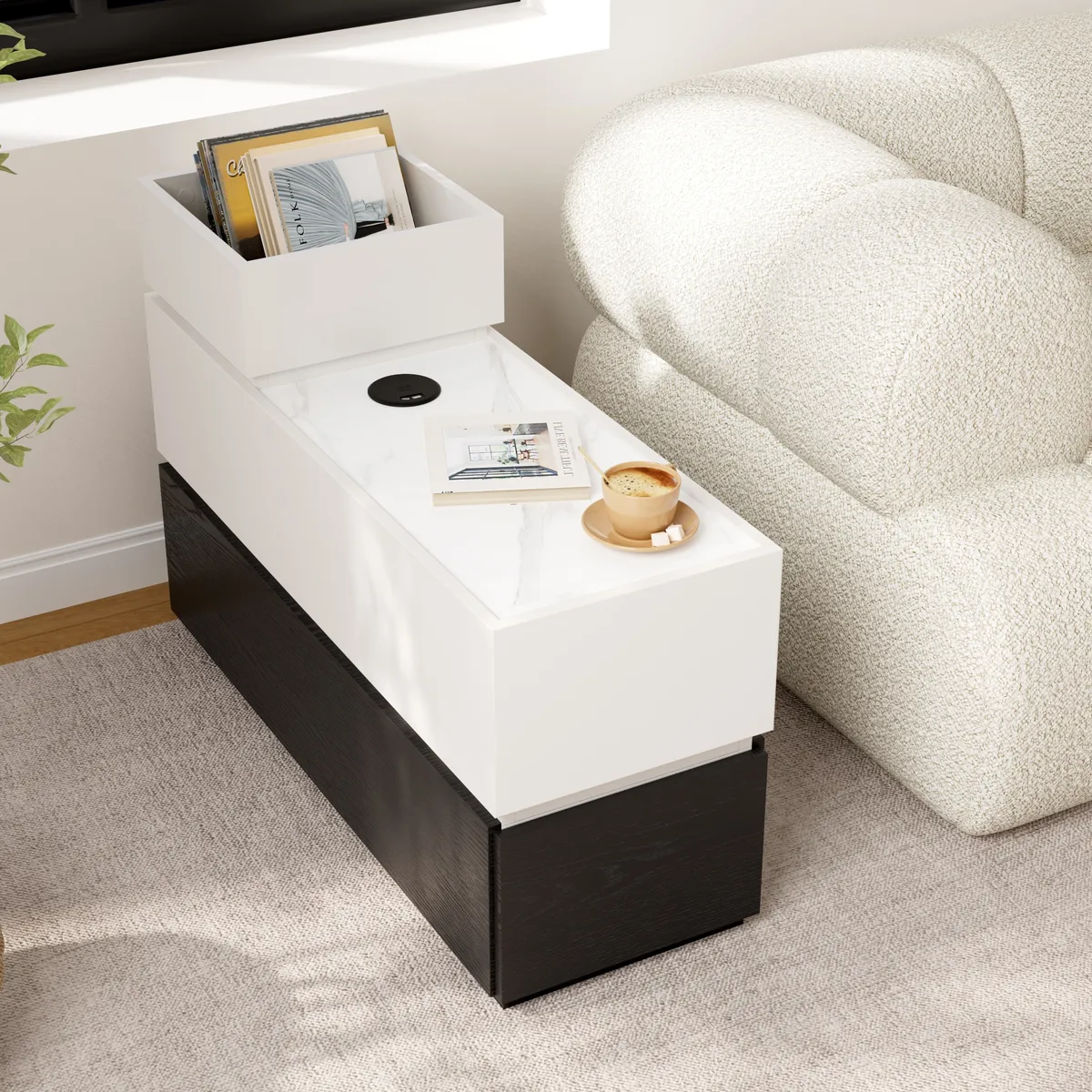 Travertine Stone Top Narrow Smart Side Table with Storage Modern Walnut End Table with USB Charging — image 12
