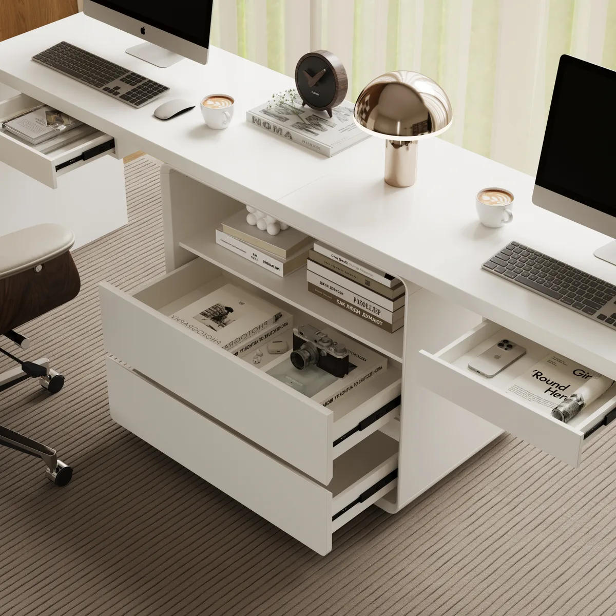 Modern 94" Rectangular Brown Double Desk with Drawers, Seats 2 — image 26