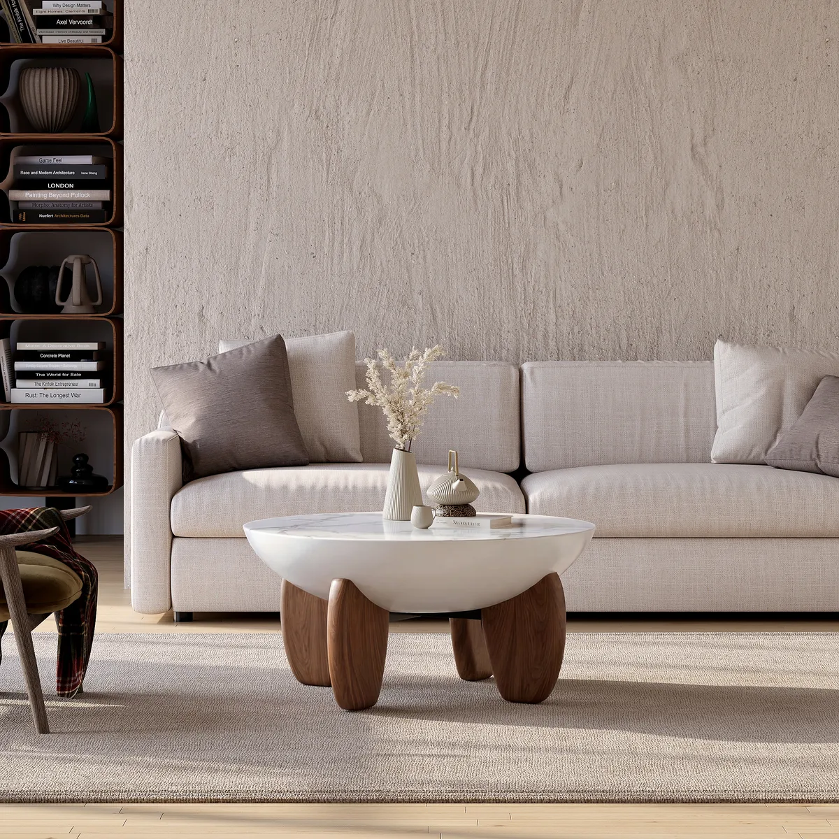 Curva Round Concrete Walnut Coffee Table with Wood Legs — image 5