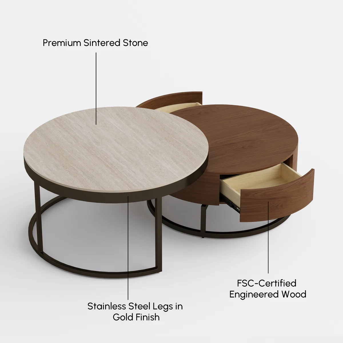 Nesnesis 28"-32" Round Nesting Walnut Coffee Table Set with Sintered Stone Top — image 11