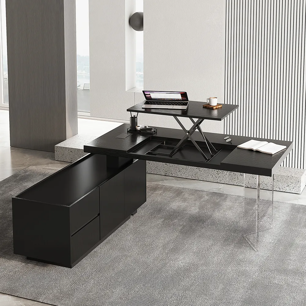 Modern 72" L-Shape Whitewash Standing Executive Desk with lifter Desktop Left Hand — image 2