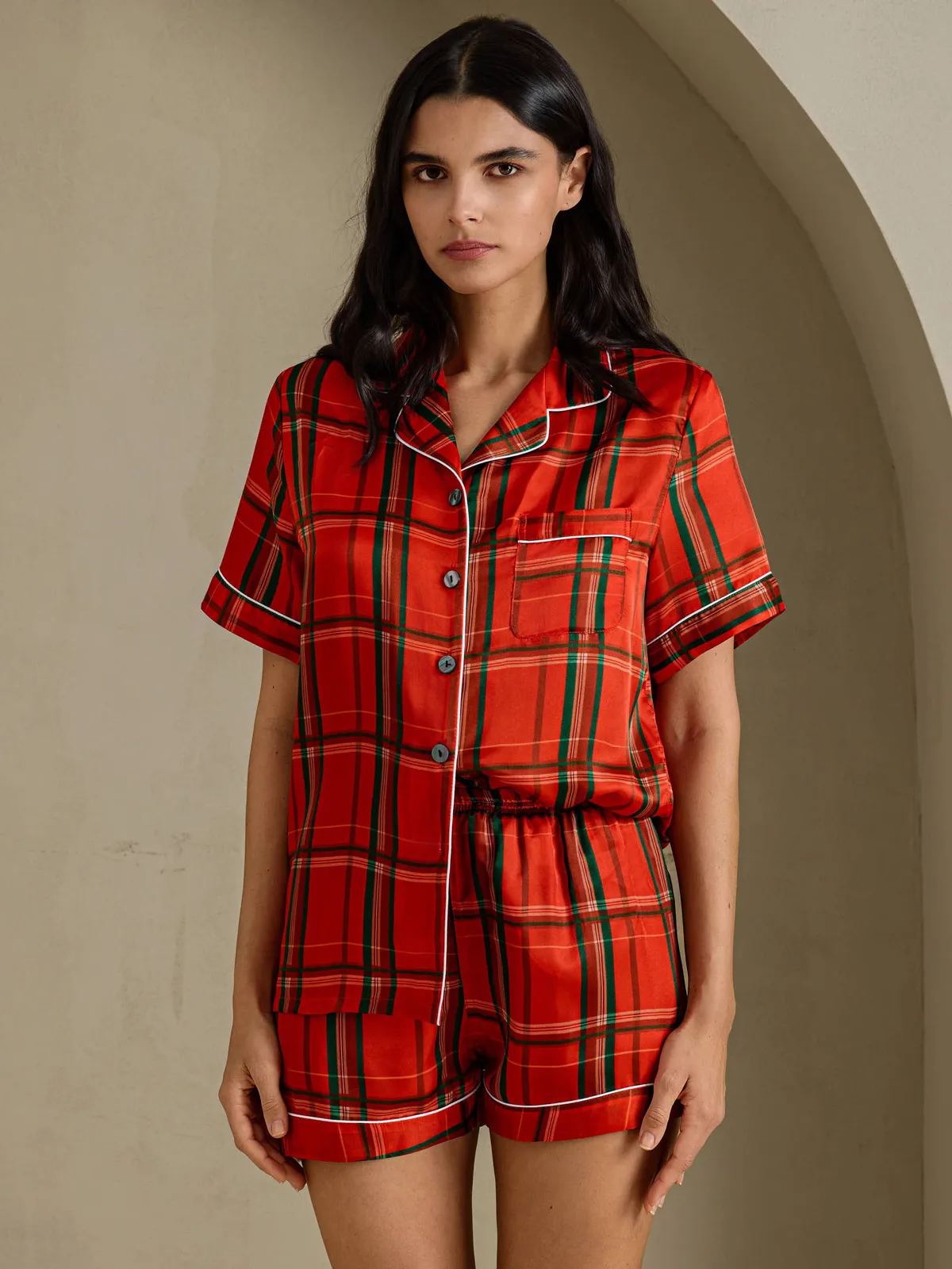 100% Mulberry Silk Women's Plaid Print Short Sleeve Pajama Set — image 3