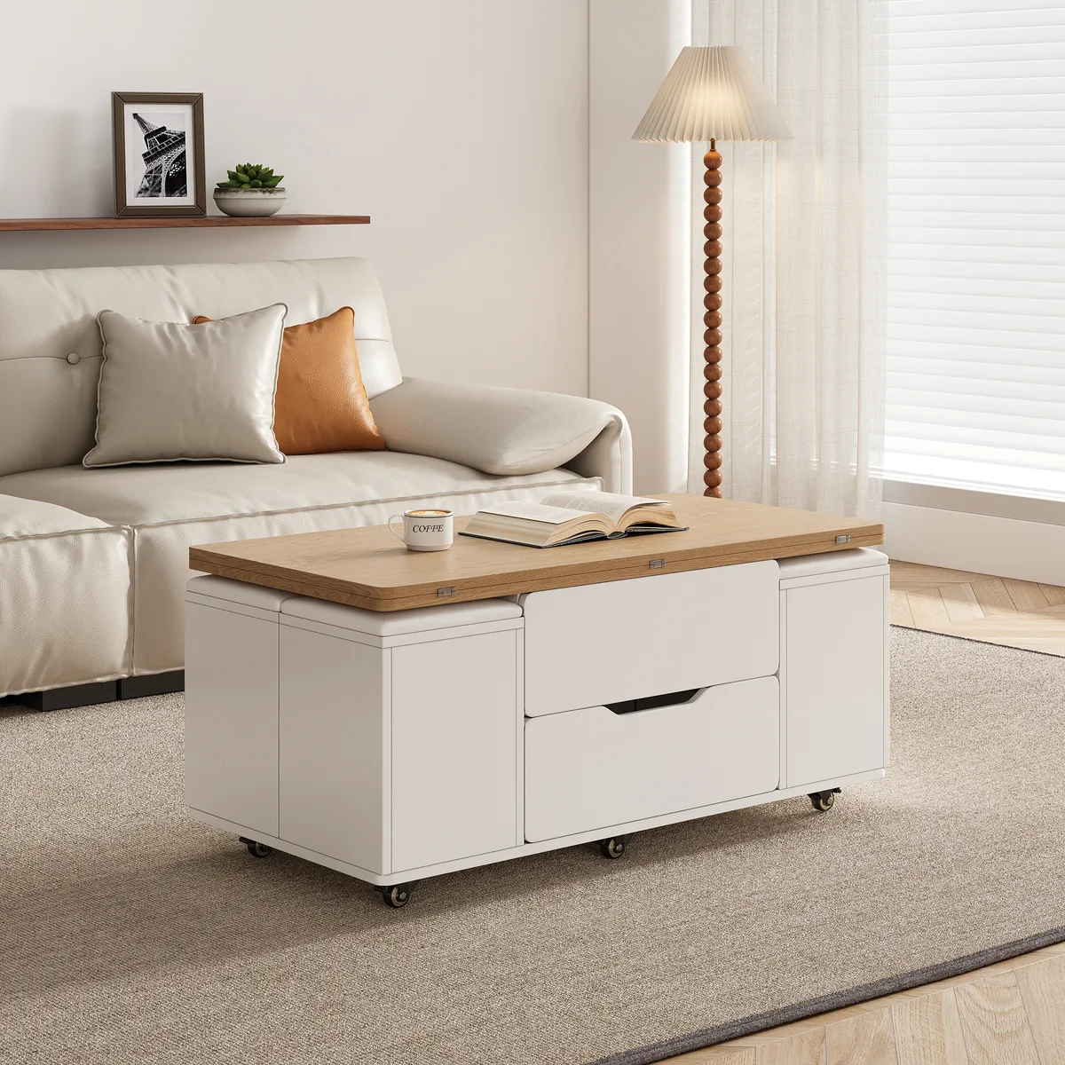 Modern Walnut Lift Top Coffee Table 4 in 1 with Storage Ottoman Foldable and Casters — image 22
