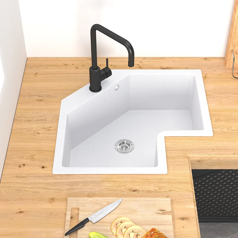 Drop In Corner Irregular Kitchen Sink White 25" Quartz — image 16