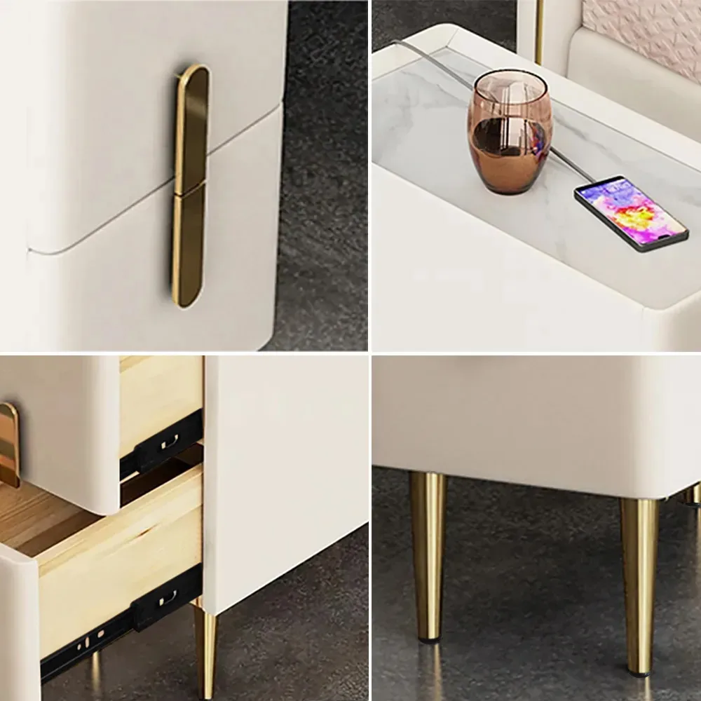Inarrow Modern Beige Nightstand Bedside Table with 2 Drawers in Gold Legs — image 6