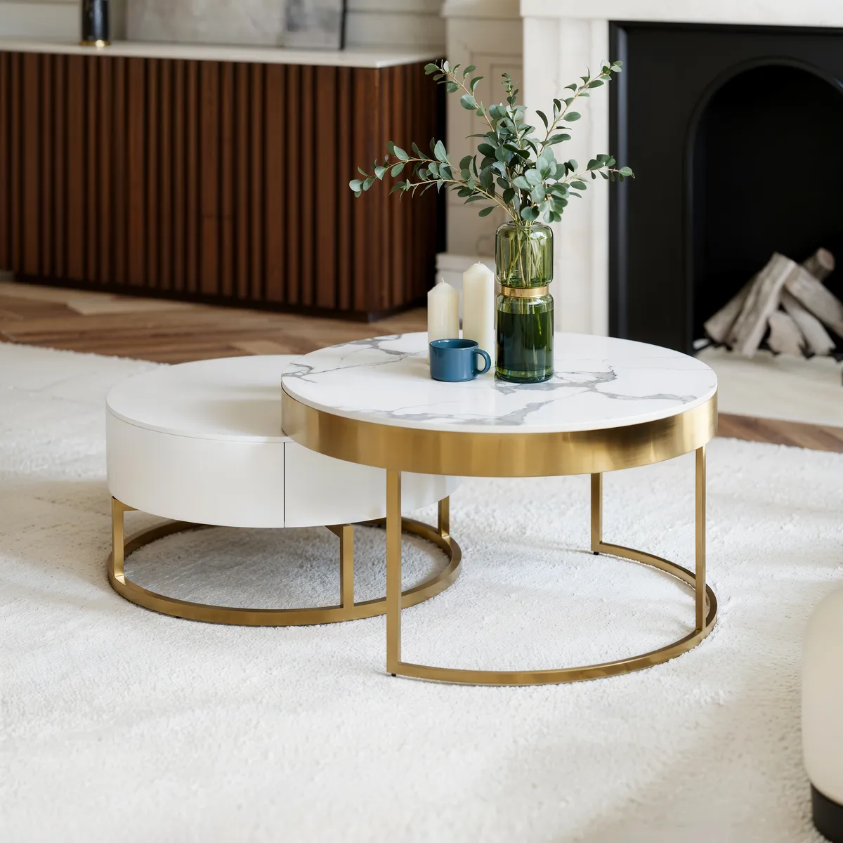 Nesnesis 28"-32" Round Nesting Walnut Coffee Table Set with Sintered Stone Top — image 12