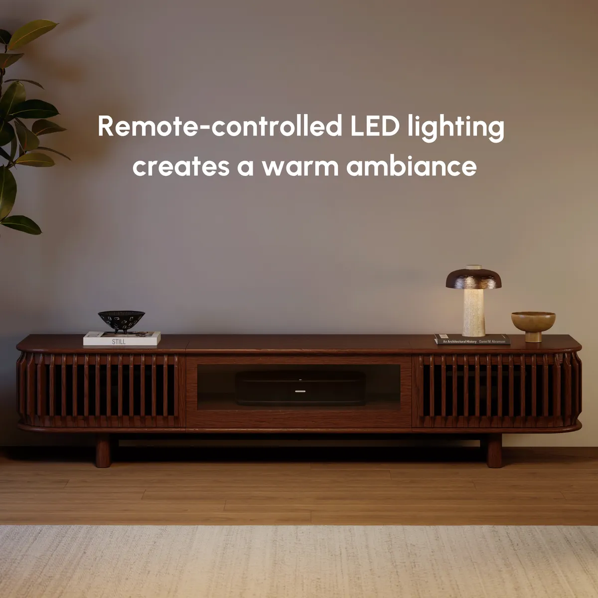 80" Ash Wood Fluted Walnut Projector TV Stand with LED — image 7