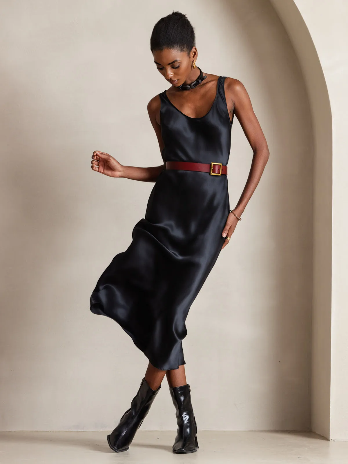 100% Mulberry Silk Sleeveless U Neck Midi Long Dress — image 5