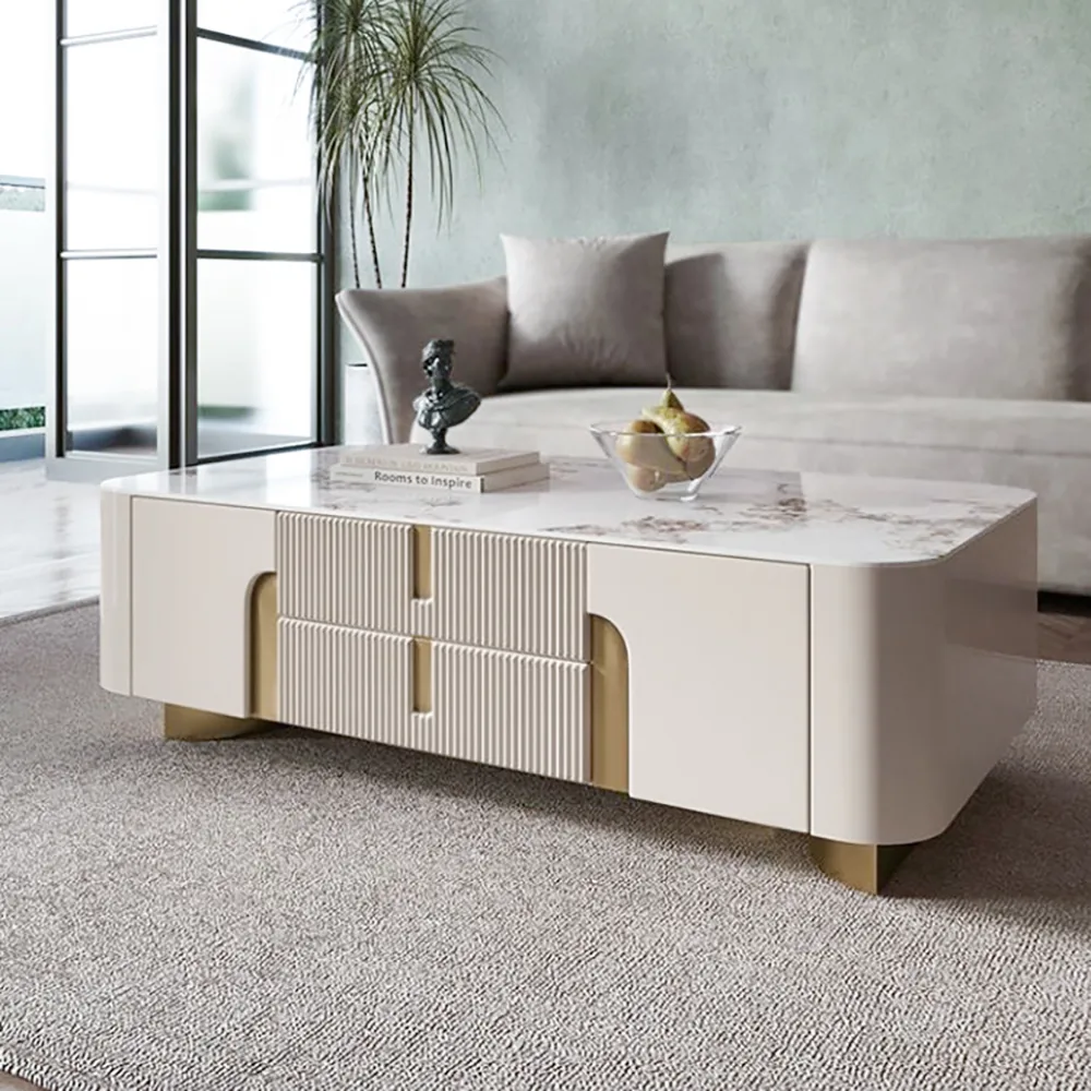 Artis Modern Beige Rectangle Large Coffee Table Drawers Sintered Stone Gold Base — image 3