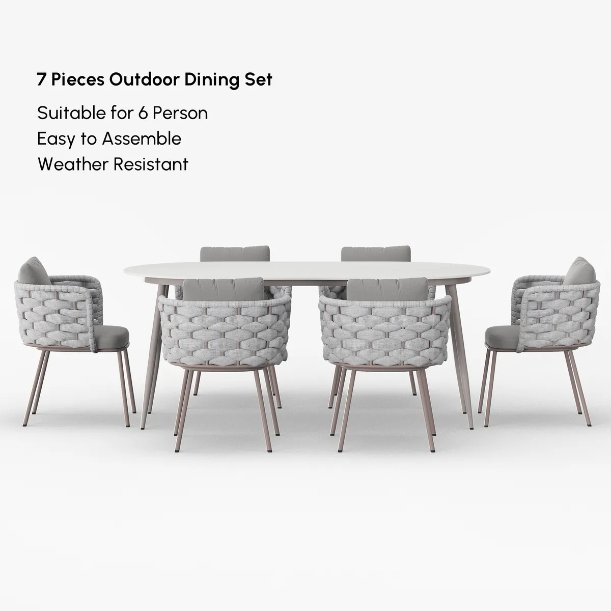 7 PCS 70.9'' Outdoor Sintered St Top Dining Table Set with 6 Rope Woven Armchairs Modern Yard & Patio Dining Furniture Set for 6 Person with Armchairs — image 10