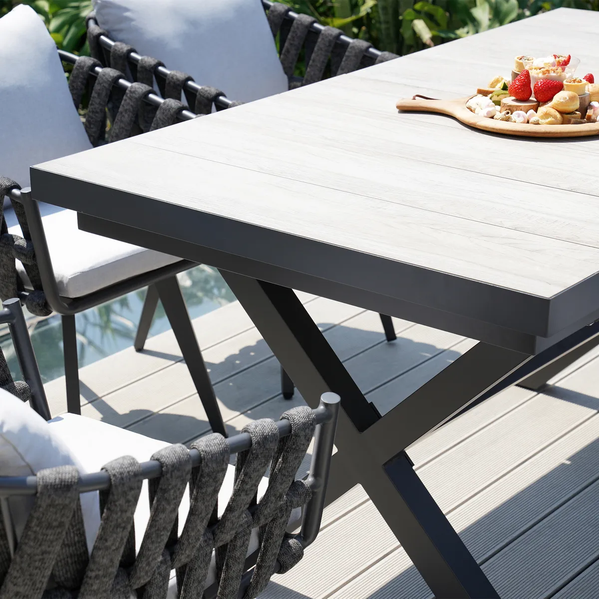 7-Piece Outdoor Extendable Dining Set with 6 Rope Weave Chairs in Gray(64"-84") — image 4