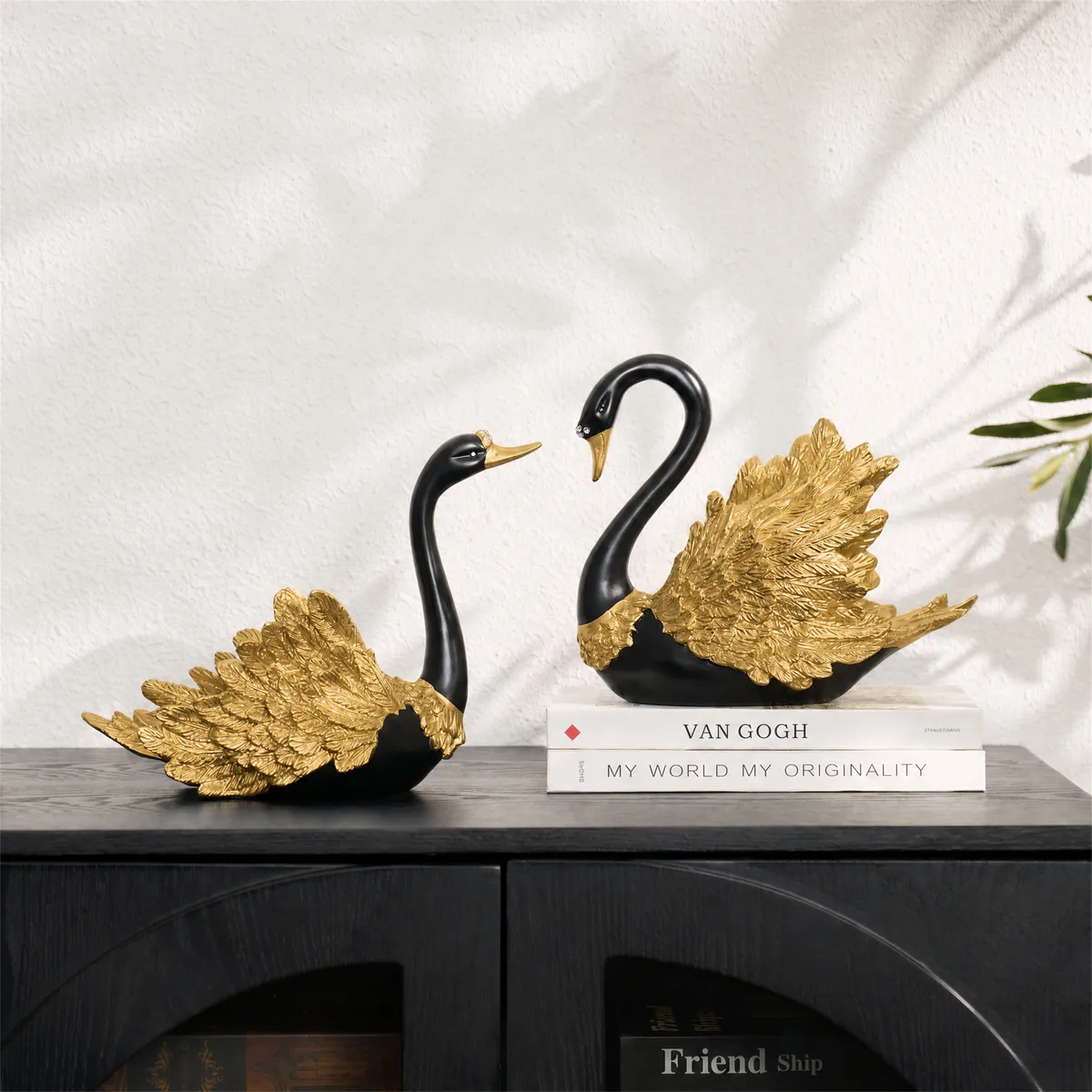 2-Piece Resin Swan Figurines, Black & Gold Decorative Storage Set — image 21