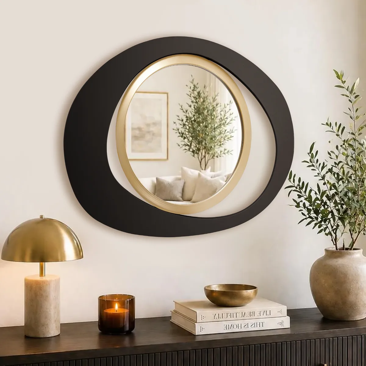 Abstract Wall Mirror, Matte Black and Gold, Horizontal or Vertical — image 2