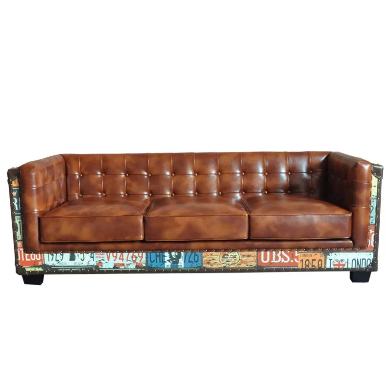 Vintage Industrial Loft 3-Seater Sofa Tufted Brown Faux Leather Upholstered Sofa — image 7
