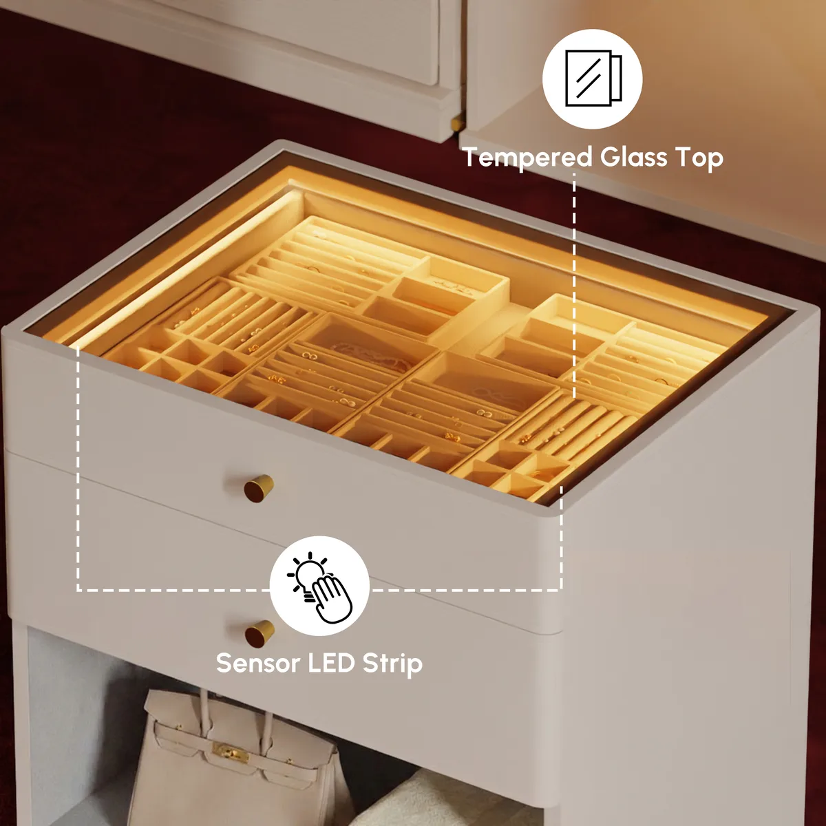 Walk-In Closet Island Jewelry Dresser with Glass Top & Light — image 16
